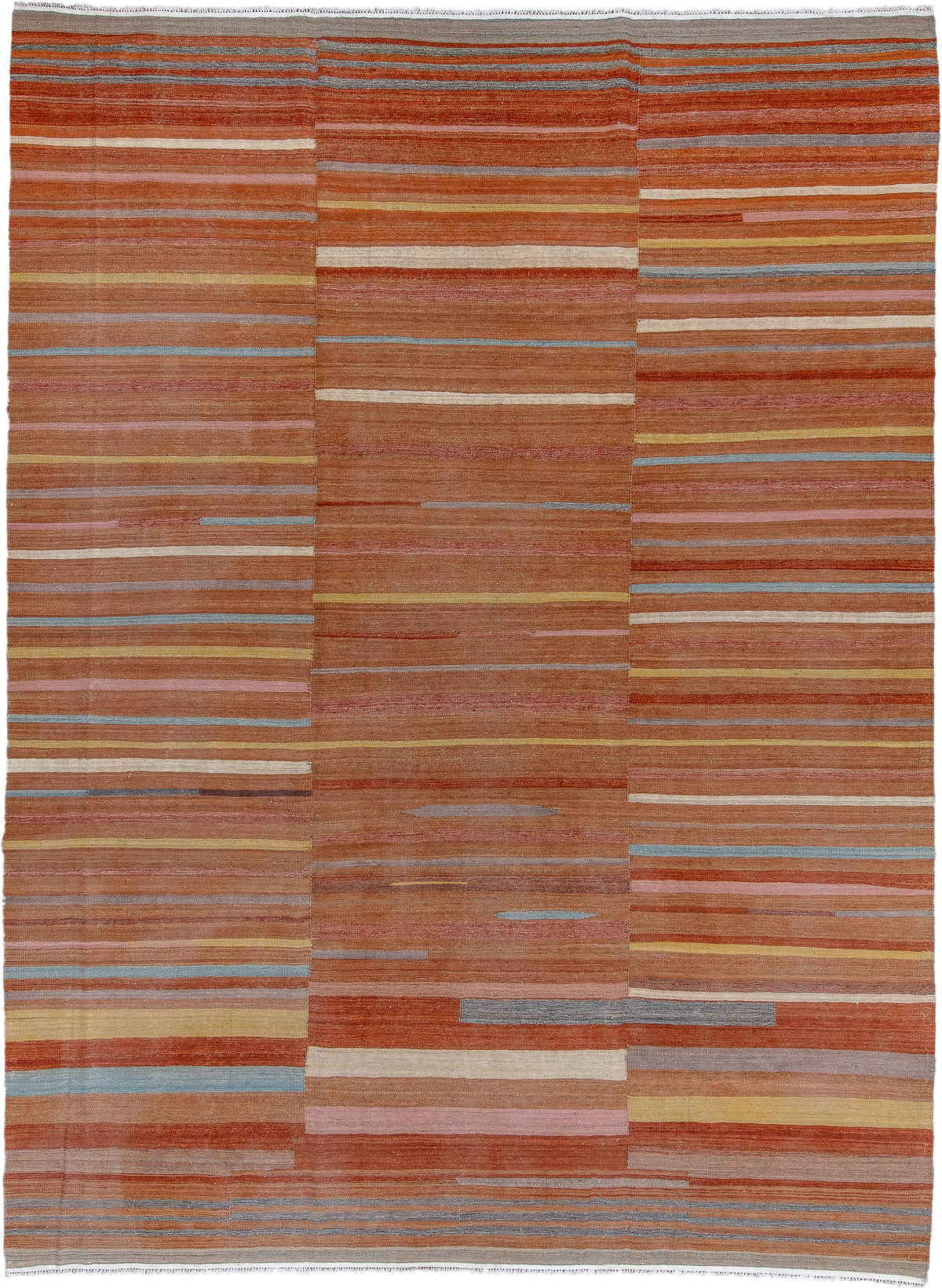 9' x 12' one-of-a-kind handmade vintage Kilim large size rug. Color palette: terra cotta, rust, camel, ivory, gold, blush