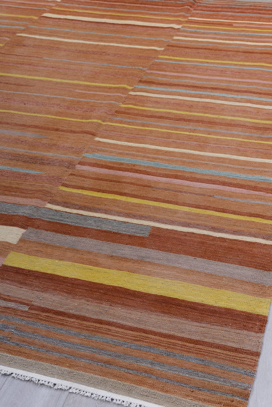 9' x 12' one-of-a-kind handmade vintage Kilim large size rug. Color palette: terra cotta, rust, camel, ivory, gold, blush