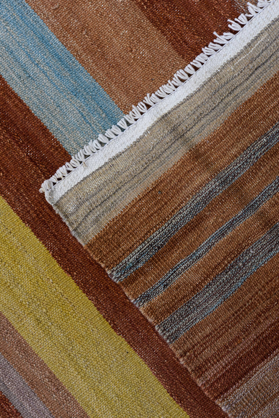 9' x 12' one-of-a-kind handmade vintage Kilim large size rug. Color palette: terra cotta, rust, camel, ivory, gold, blush