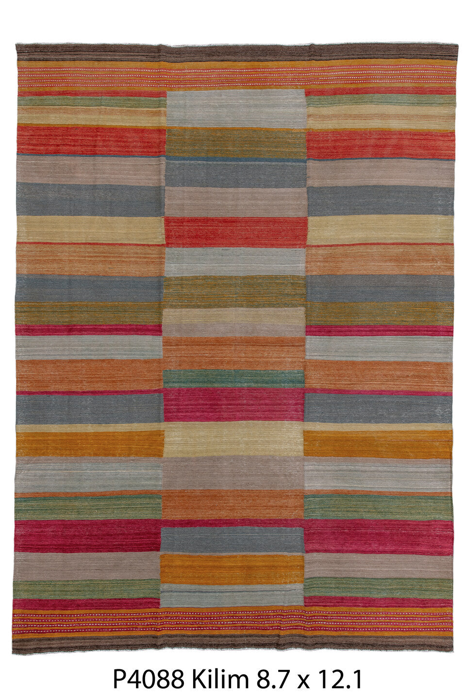 8' x 12' one-of-a-kind handmade vintage Kilim large size rug. Color palette: brown, dark gray, dim gray, gray, light gray