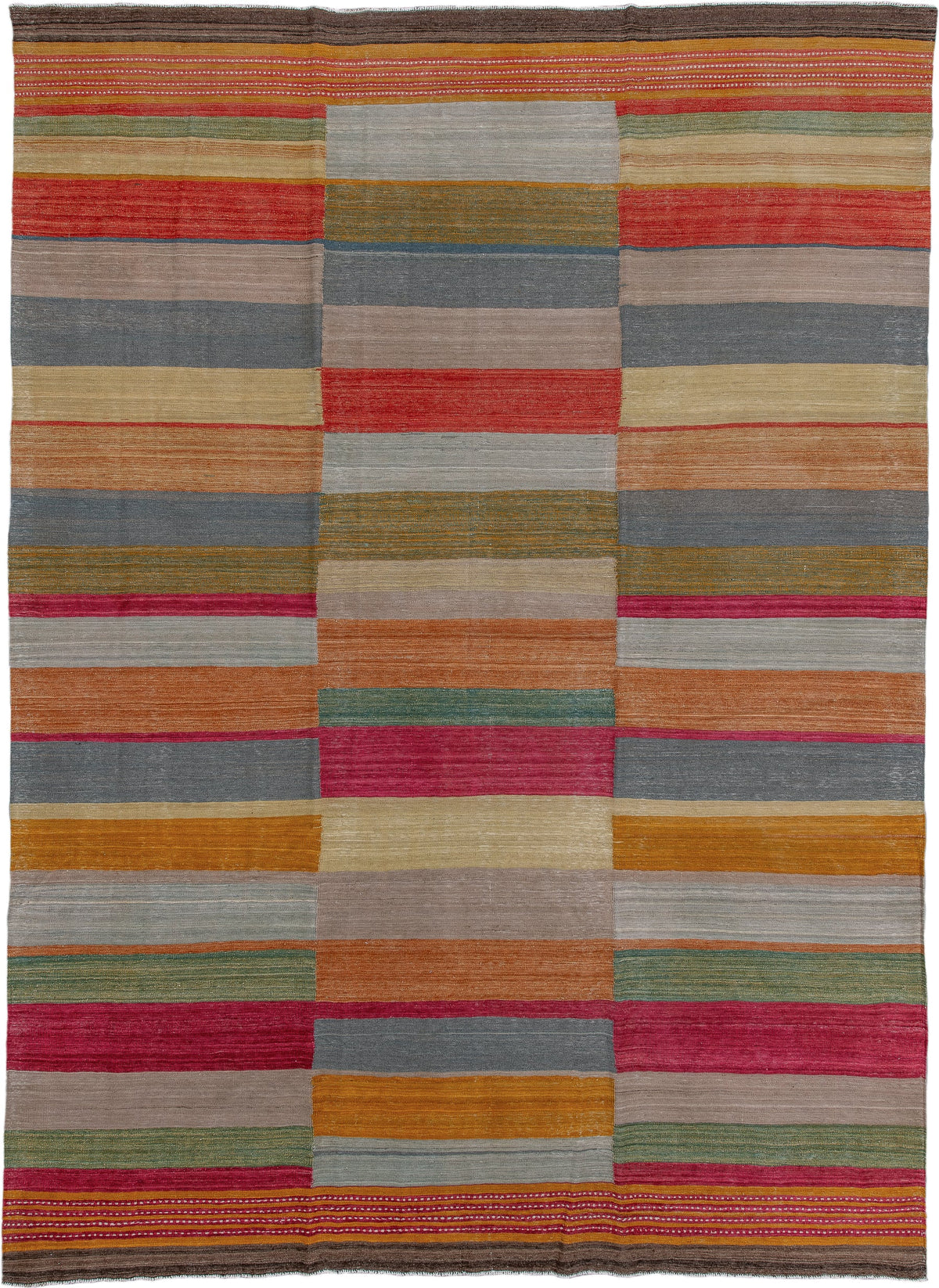 8' x 12' one-of-a-kind handmade vintage Kilim large size rug. Color palette: taupe, slate, rust, rose, mustard, sage, ivory
