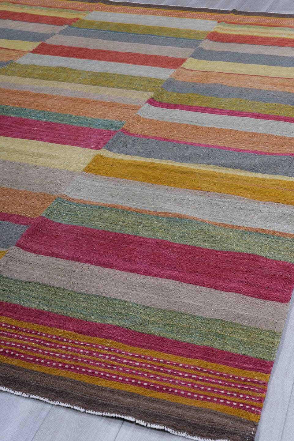 8' x 12' one-of-a-kind handmade vintage Kilim large size rug. Color palette: taupe, slate, rust, rose, mustard, sage, ivory