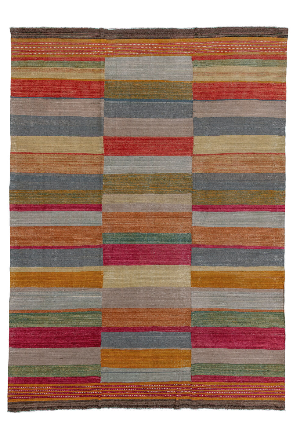 8' x 12' one-of-a-kind handmade vintage Kilim large size rug. Color palette: taupe, slate, rust, rose, mustard, sage, ivory