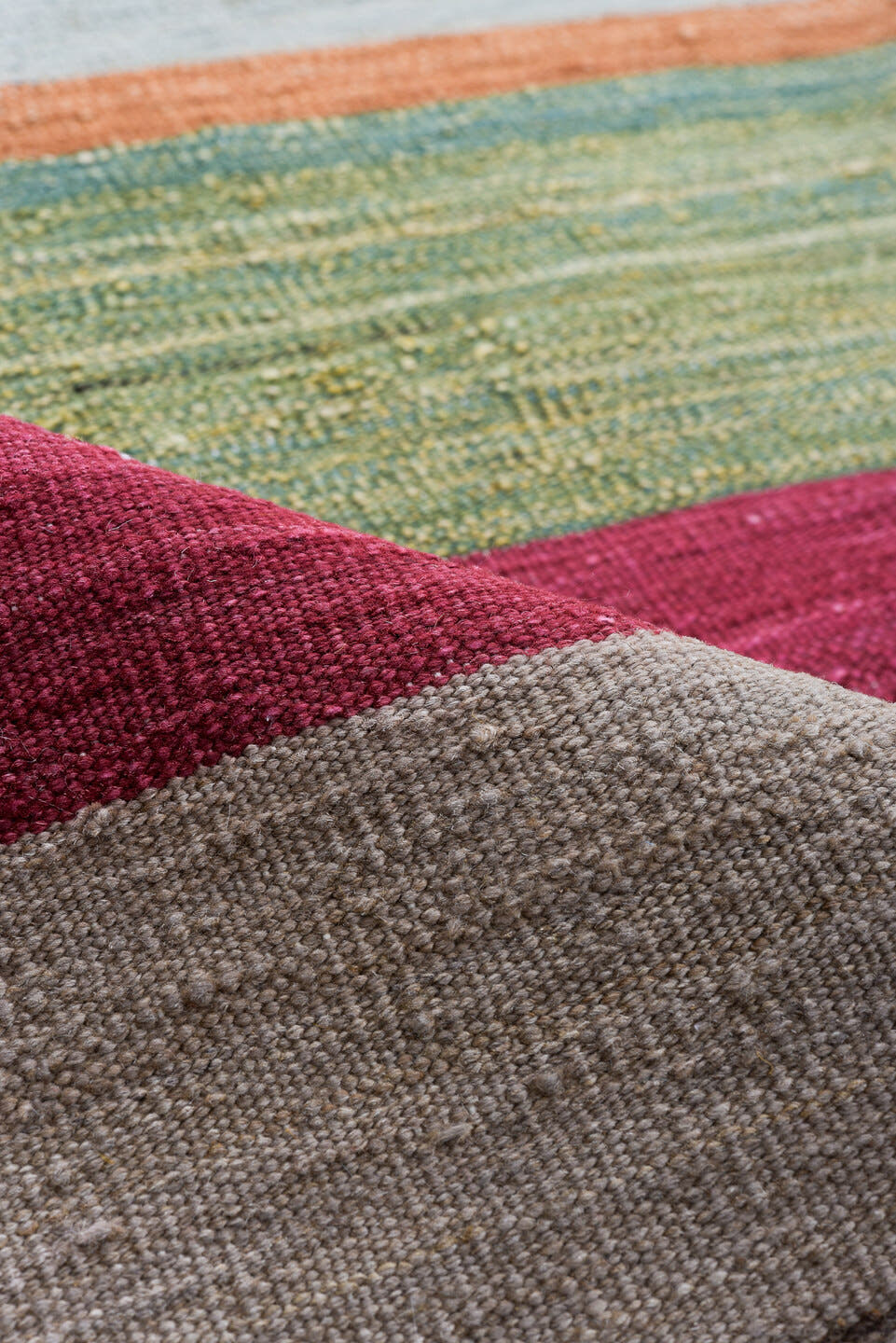 8' x 12' one-of-a-kind handmade vintage Kilim large size rug. Color palette: taupe, slate, rust, rose, mustard, sage, ivory