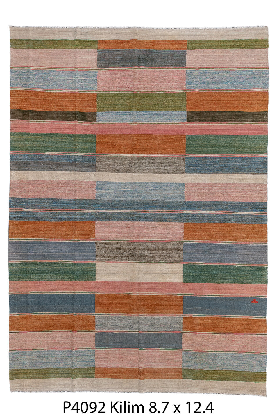 8' x 12' one-of-a-kind handmade vintage Kilim large size rug. Color palette: blue, brown, dark gray, gray, light gray