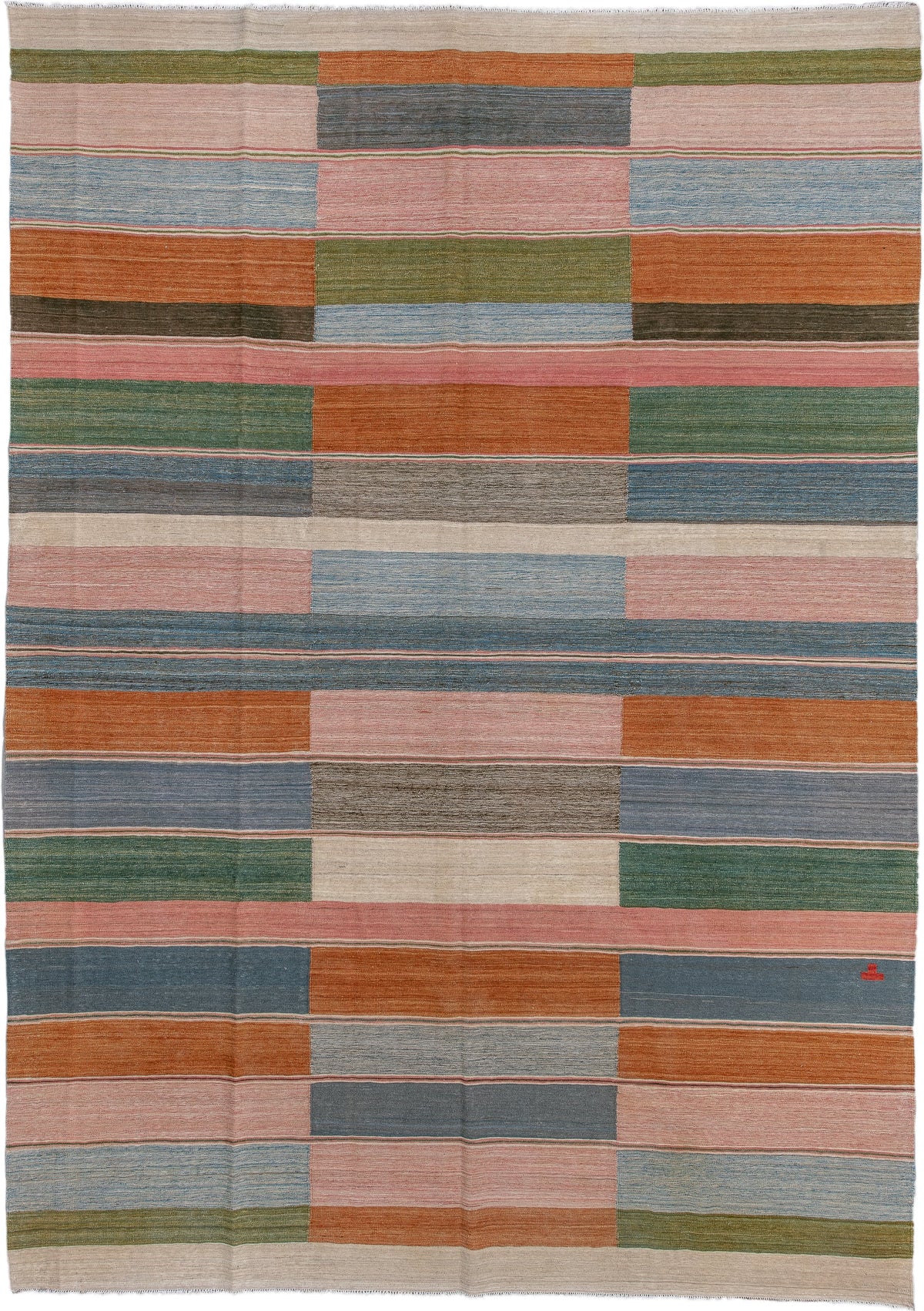 8' x 12' one-of-a-kind handmade vintage Kilim large size rug. Color palette: blush, slate, rust, ivory, olive, sky blue
