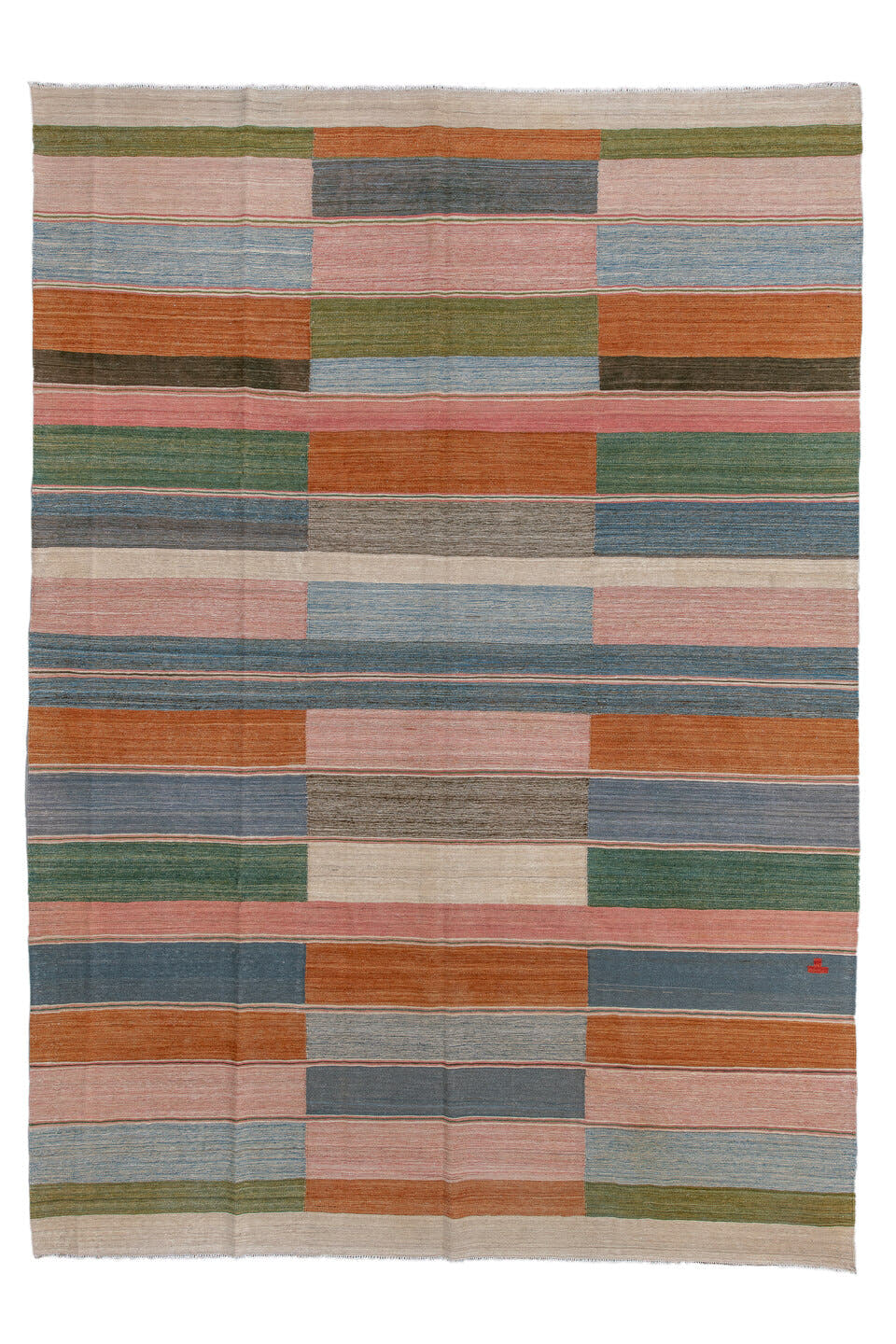 8' x 12' one-of-a-kind handmade vintage Kilim large size rug. Color palette: blush, slate, rust, ivory, olive, sky blue