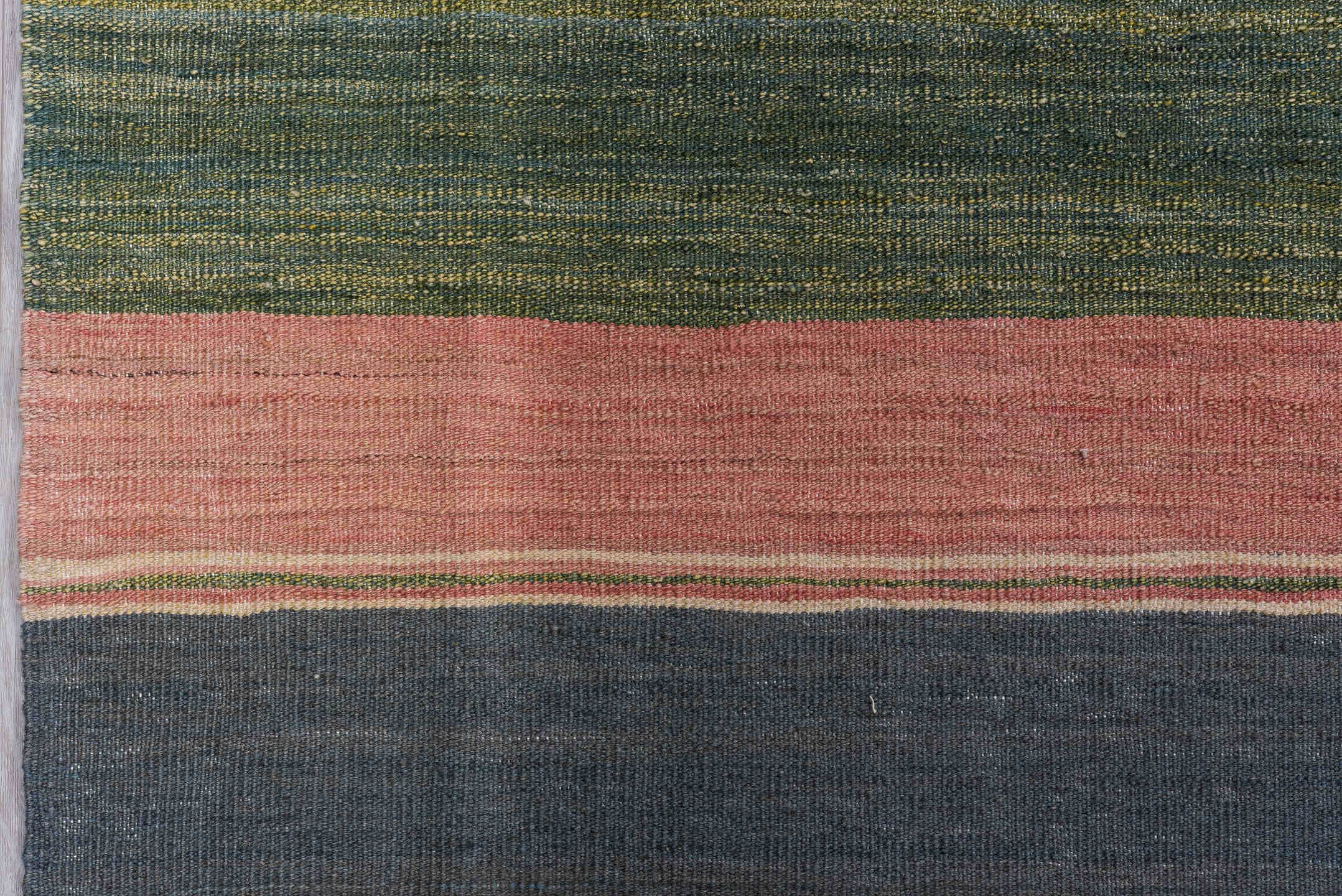 8' x 12' one-of-a-kind handmade vintage Kilim large size rug. Color palette: blush, slate, rust, ivory, olive, sky blue