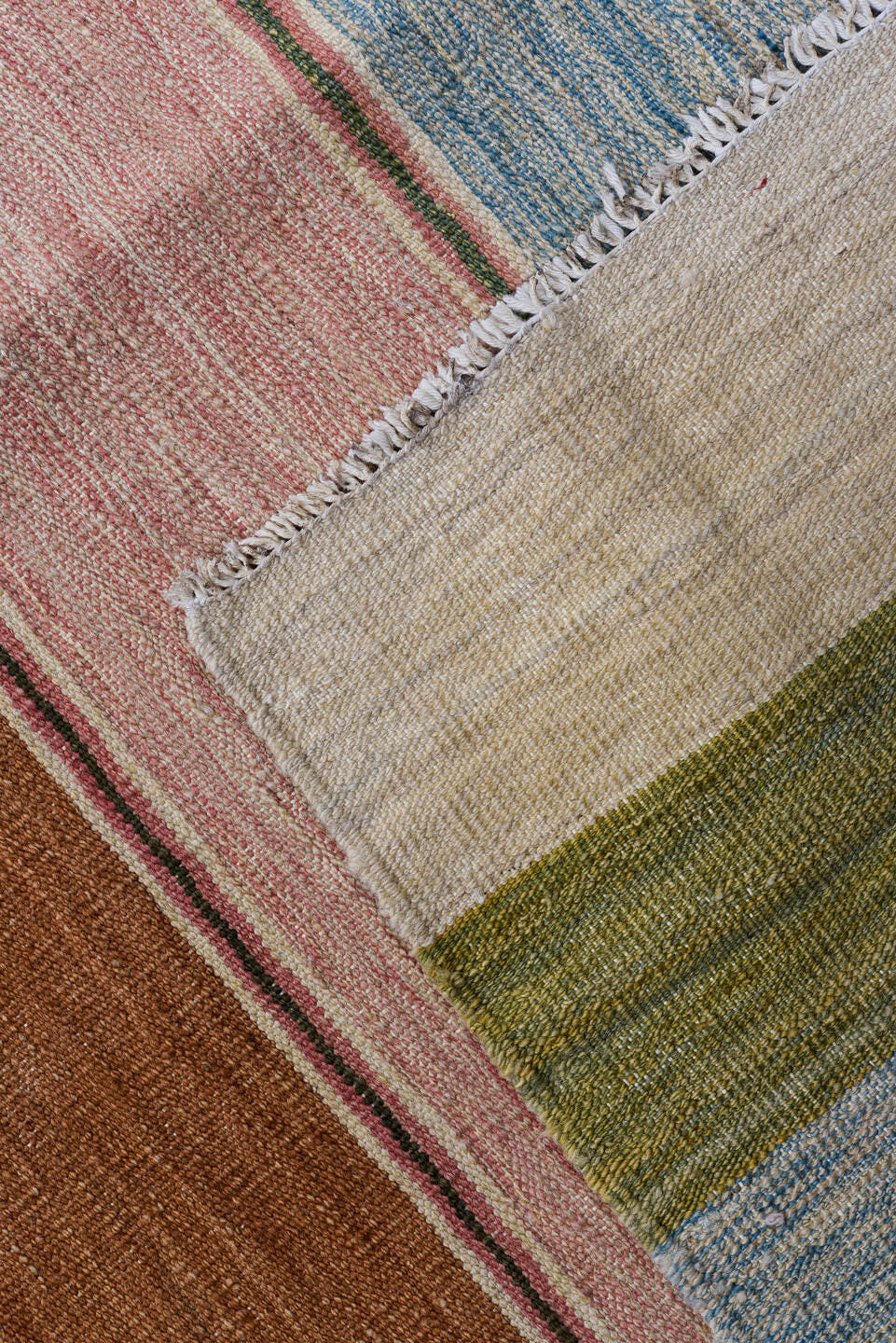 8' x 12' one-of-a-kind handmade vintage Kilim large size rug. Color palette: blush, slate, rust, ivory, olive, sky blue