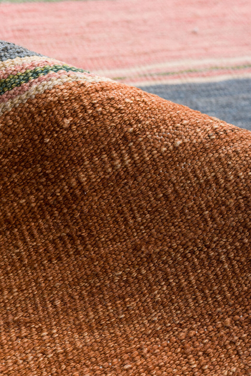 8' x 12' one-of-a-kind handmade vintage Kilim large size rug. Color palette: blush, slate, rust, ivory, olive, sky blue