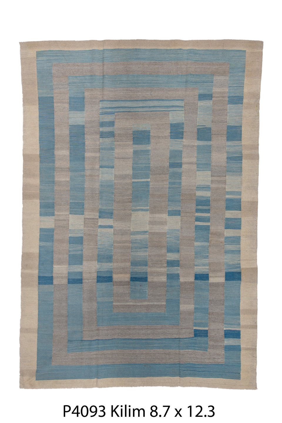 8' x 12' one-of-a-kind handmade vintage Kilim large size rug. Color palette: black, blue, charcoal, dark gray, dim gray