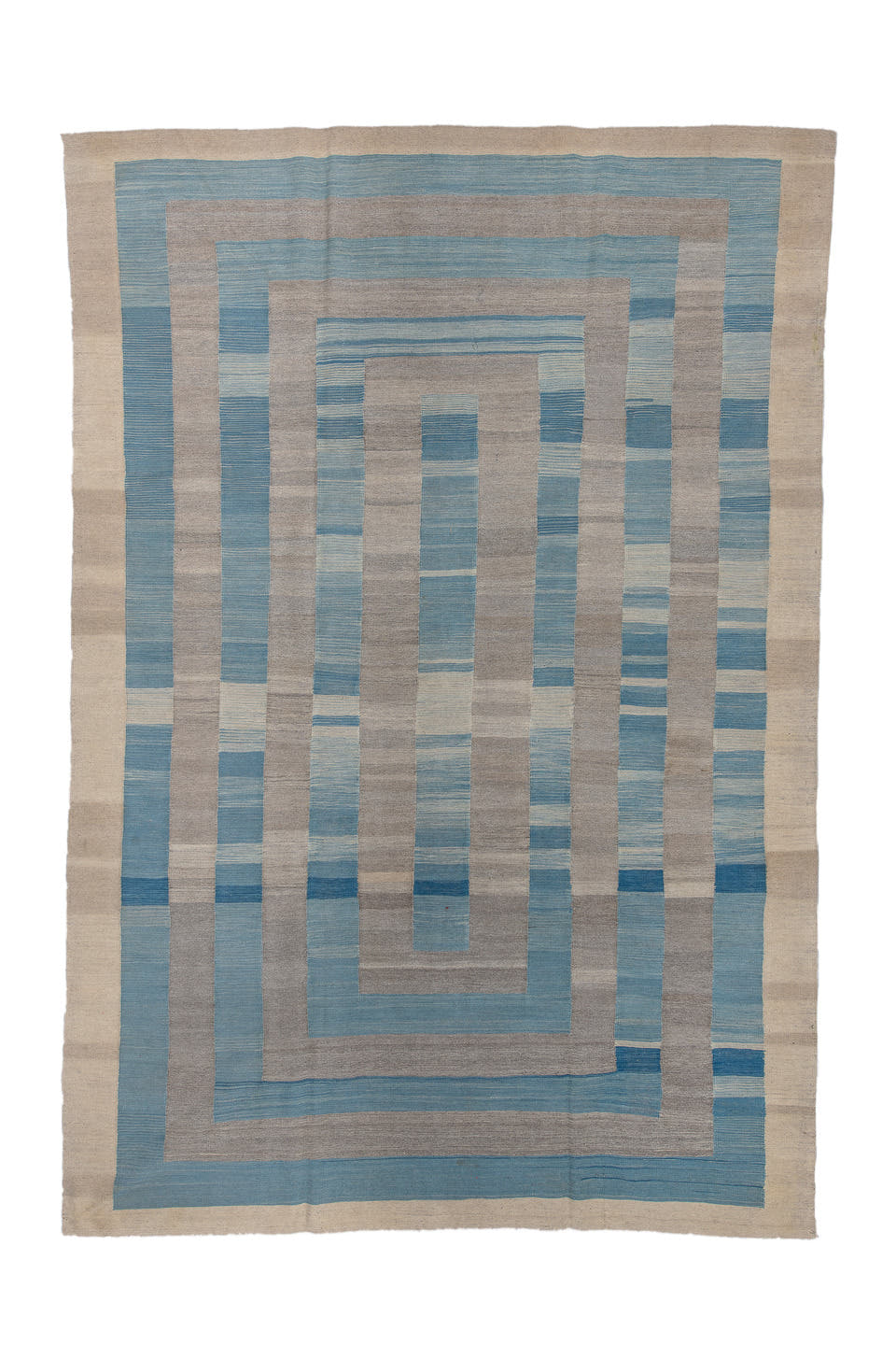 8' x 12' one-of-a-kind handmade vintage Kilim large size rug. Color palette: ivory, sky blue, taupe, beige, slate
