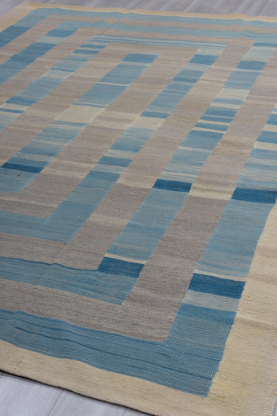 8' x 12' one-of-a-kind handmade vintage Kilim large size rug. Color palette: ivory, sky blue, taupe, beige, slate