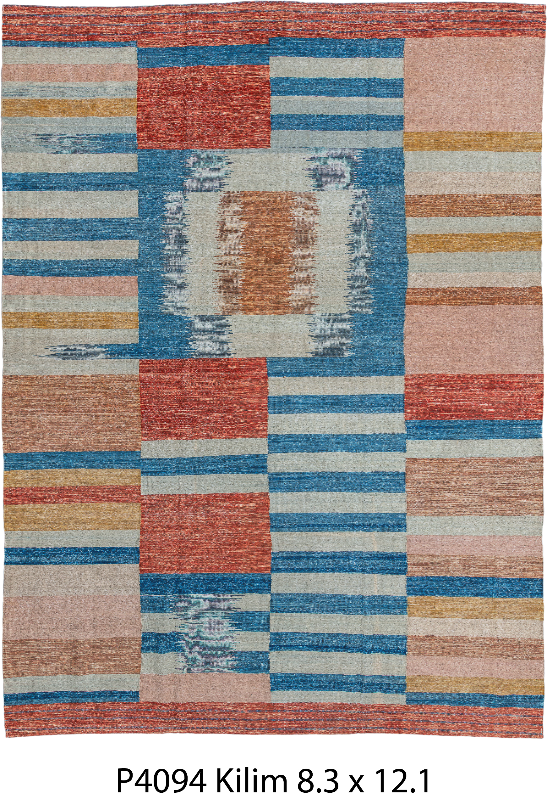 8' x 11' one-of-a-kind handmade vintage Kilim large size rug. Color palette: sky blue, ivory, coral, blush, gold