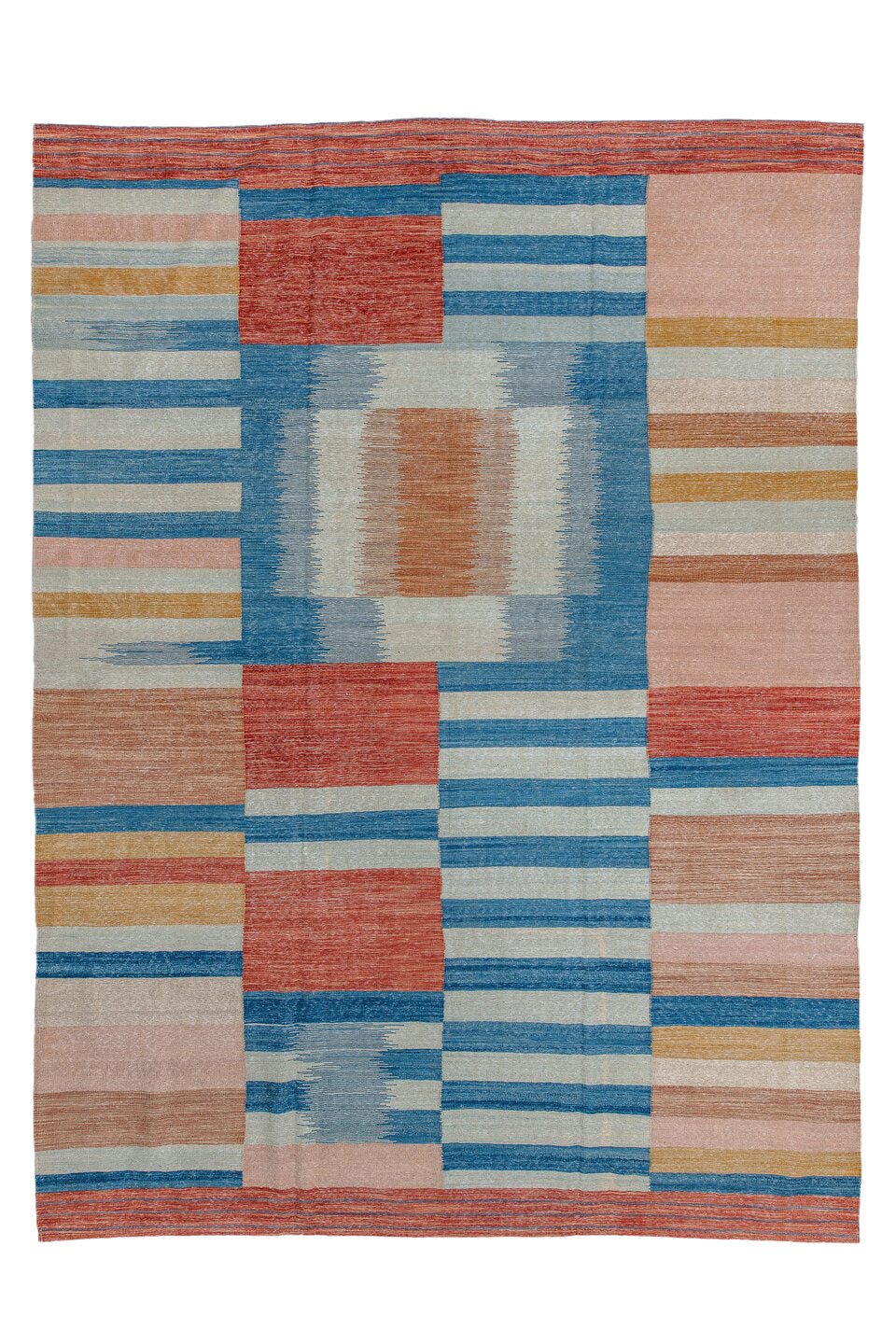 8' x 11' one-of-a-kind handmade vintage Kilim large size rug. Color palette: sky blue, ivory, coral, blush, gold
