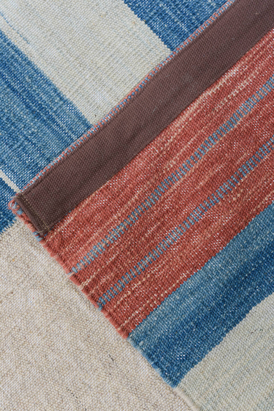 8' x 11' one-of-a-kind handmade vintage Kilim large size rug. Color palette: sky blue, ivory, coral, blush, gold