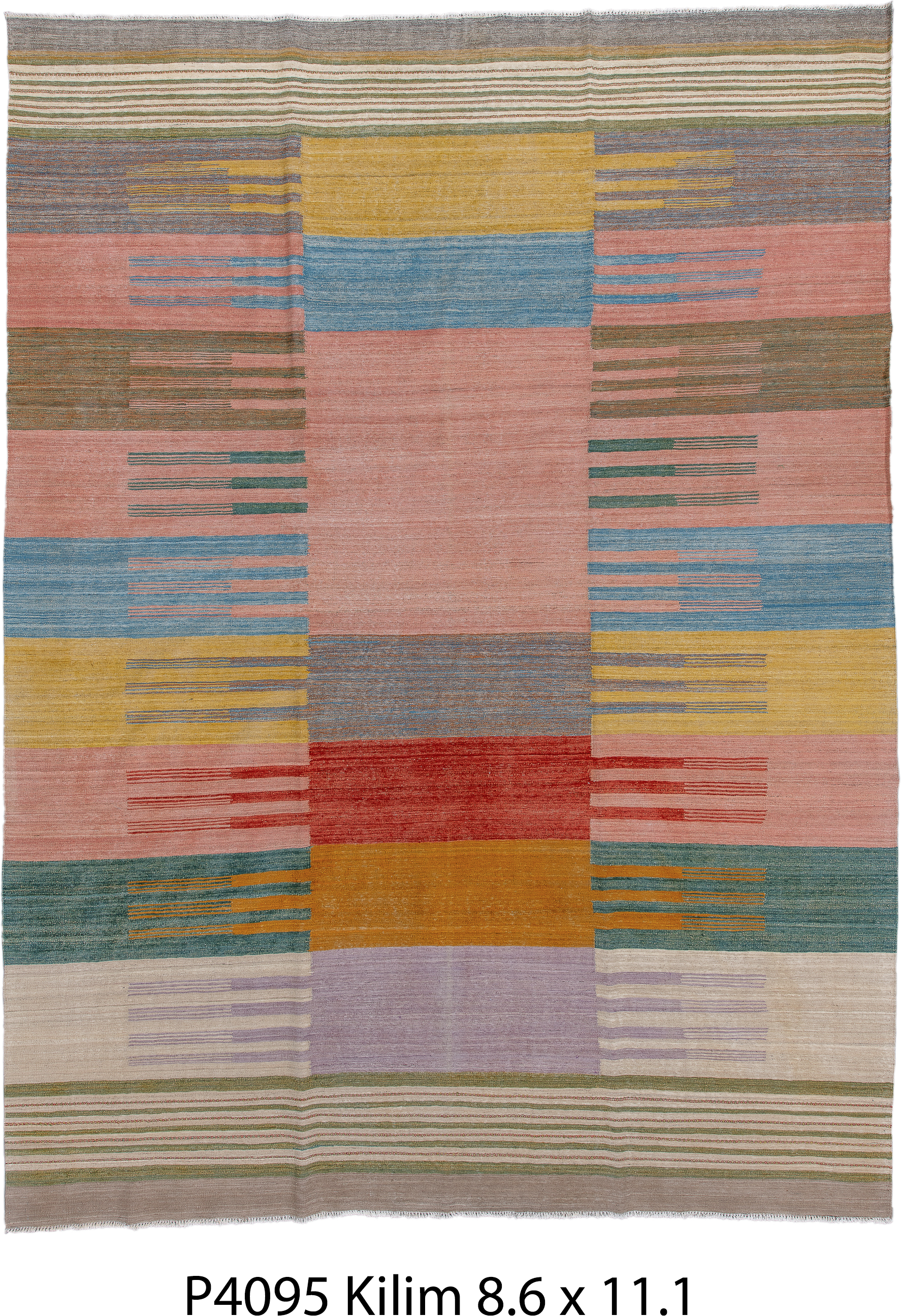 9' x 11' one-of-a-kind handmade vintage Kilim large size rug. Color palette: blush, sky blue, mustard, ivory, taupe, teal