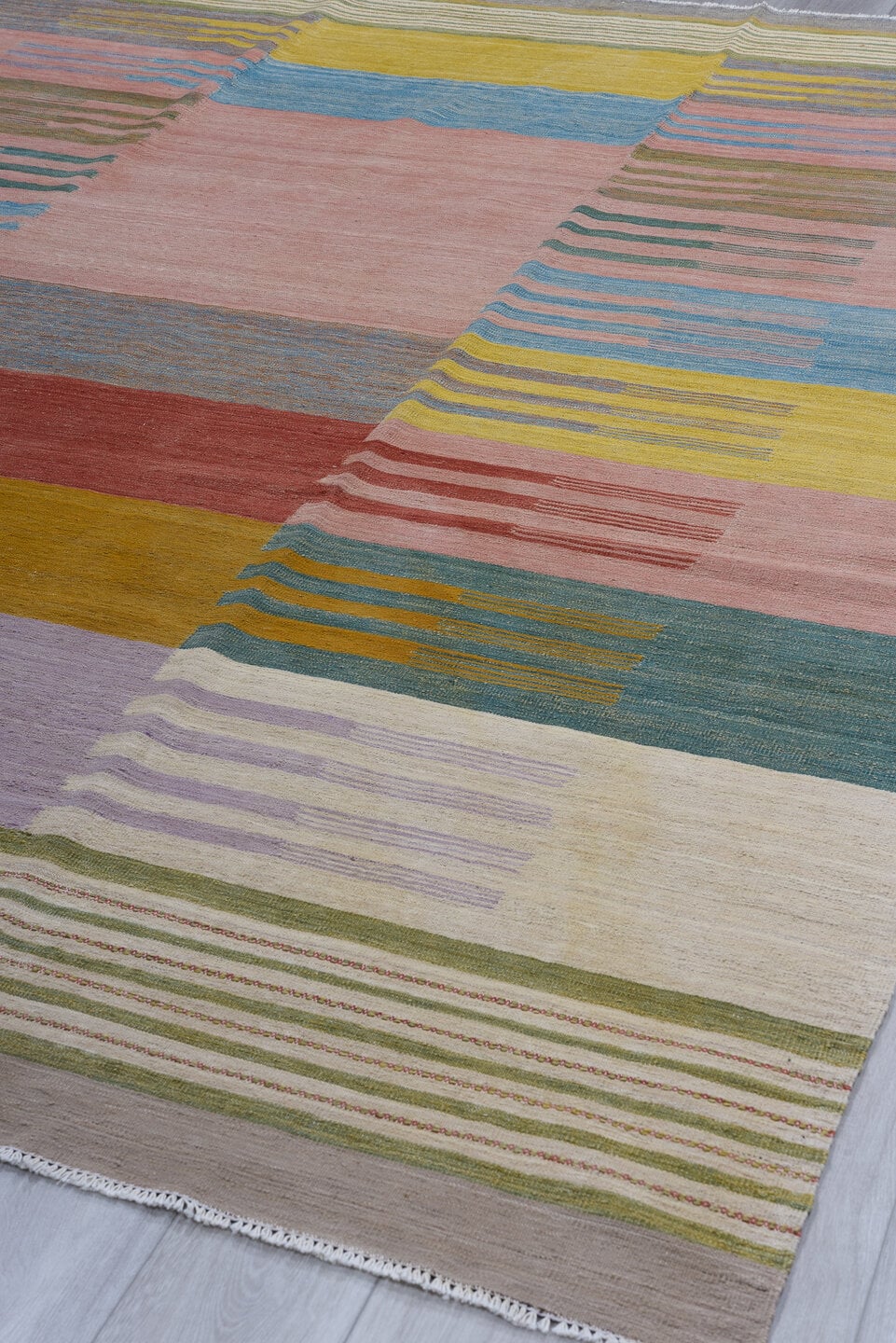9' x 11' one-of-a-kind handmade vintage Kilim large size rug. Color palette: blush, sky blue, mustard, ivory, taupe, teal