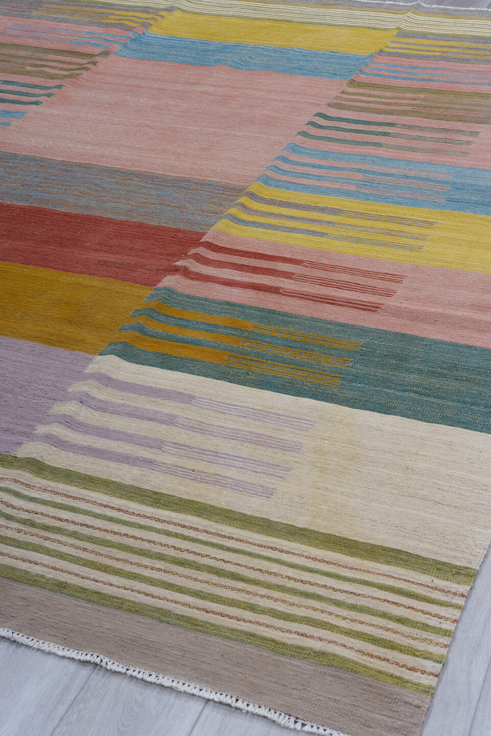 9' x 11' one-of-a-kind handmade vintage Kilim large size rug. Color palette: blue, brown, dim gray, gray, light blue