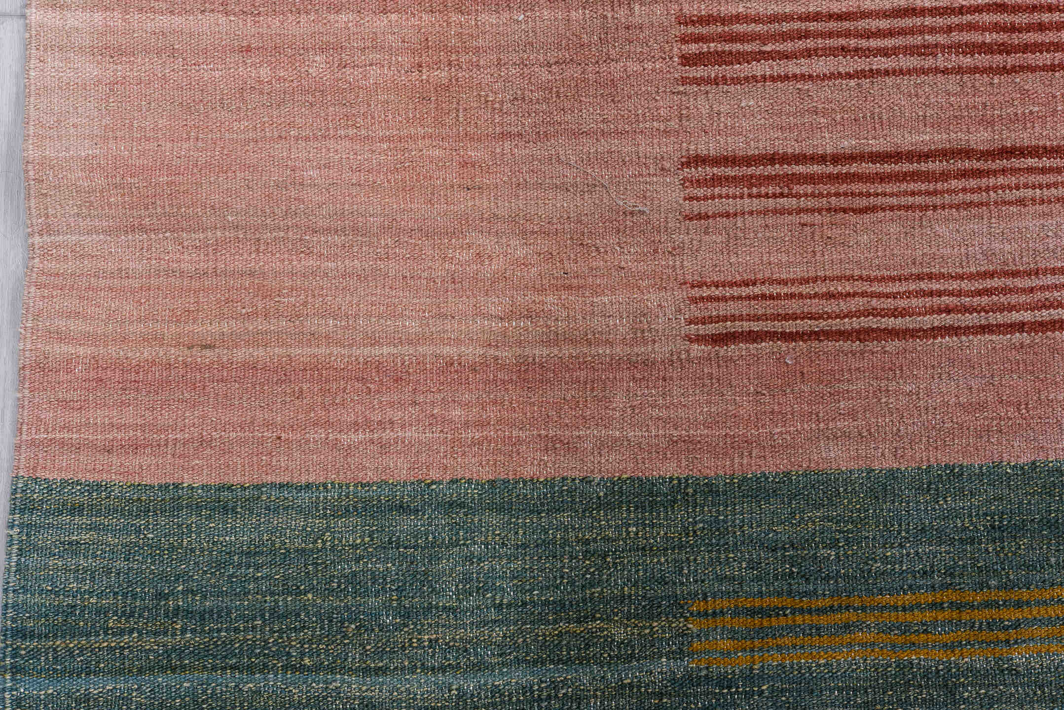 9' x 11' one-of-a-kind handmade vintage Kilim large size rug. Color palette: blush, sky blue, mustard, ivory, taupe, teal
