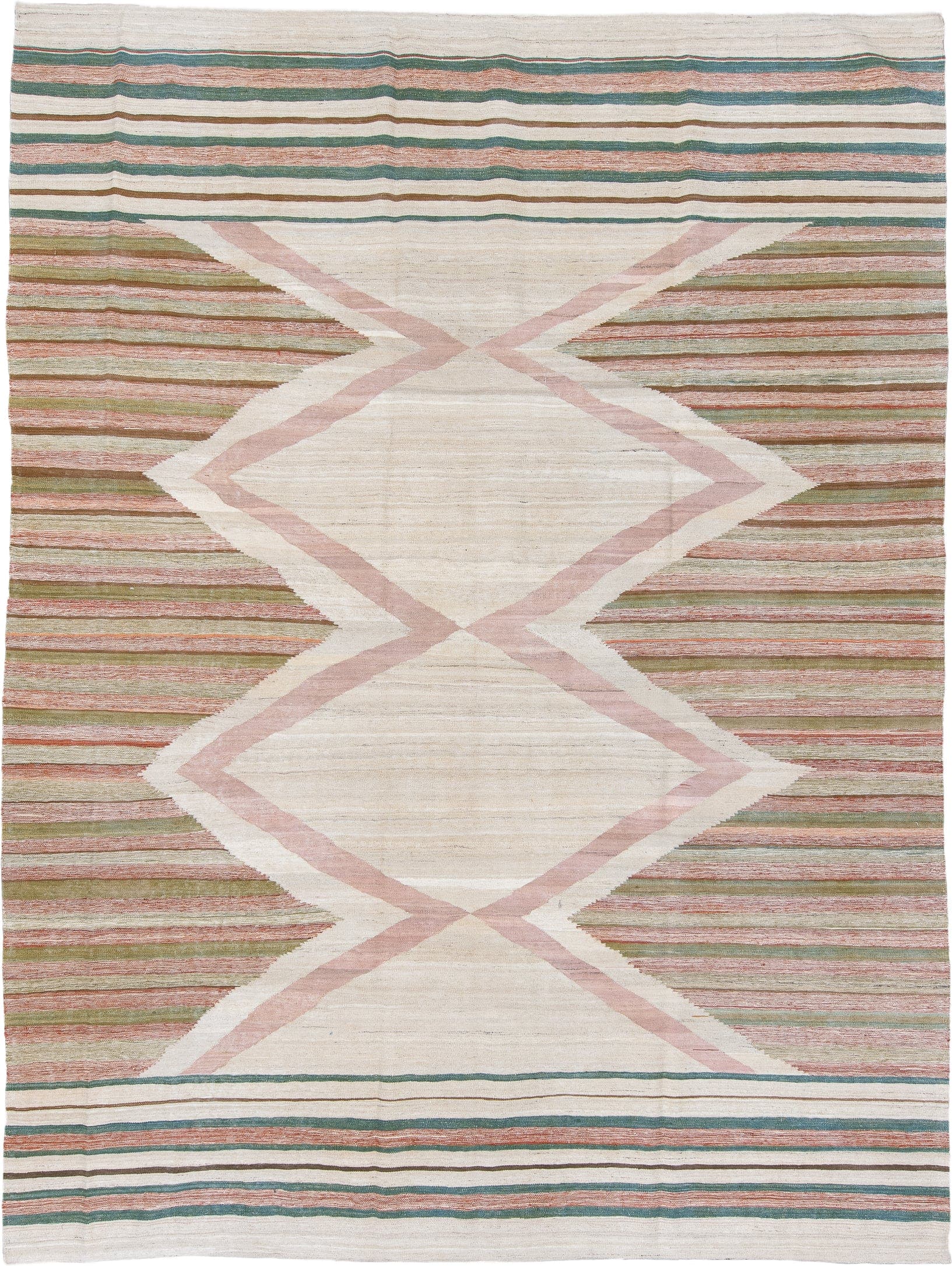 8' x 12' one-of-a-kind handmade vintage Kilim large size rug. Color palette: ivory, blush, sage, muted rust, taupe, cream