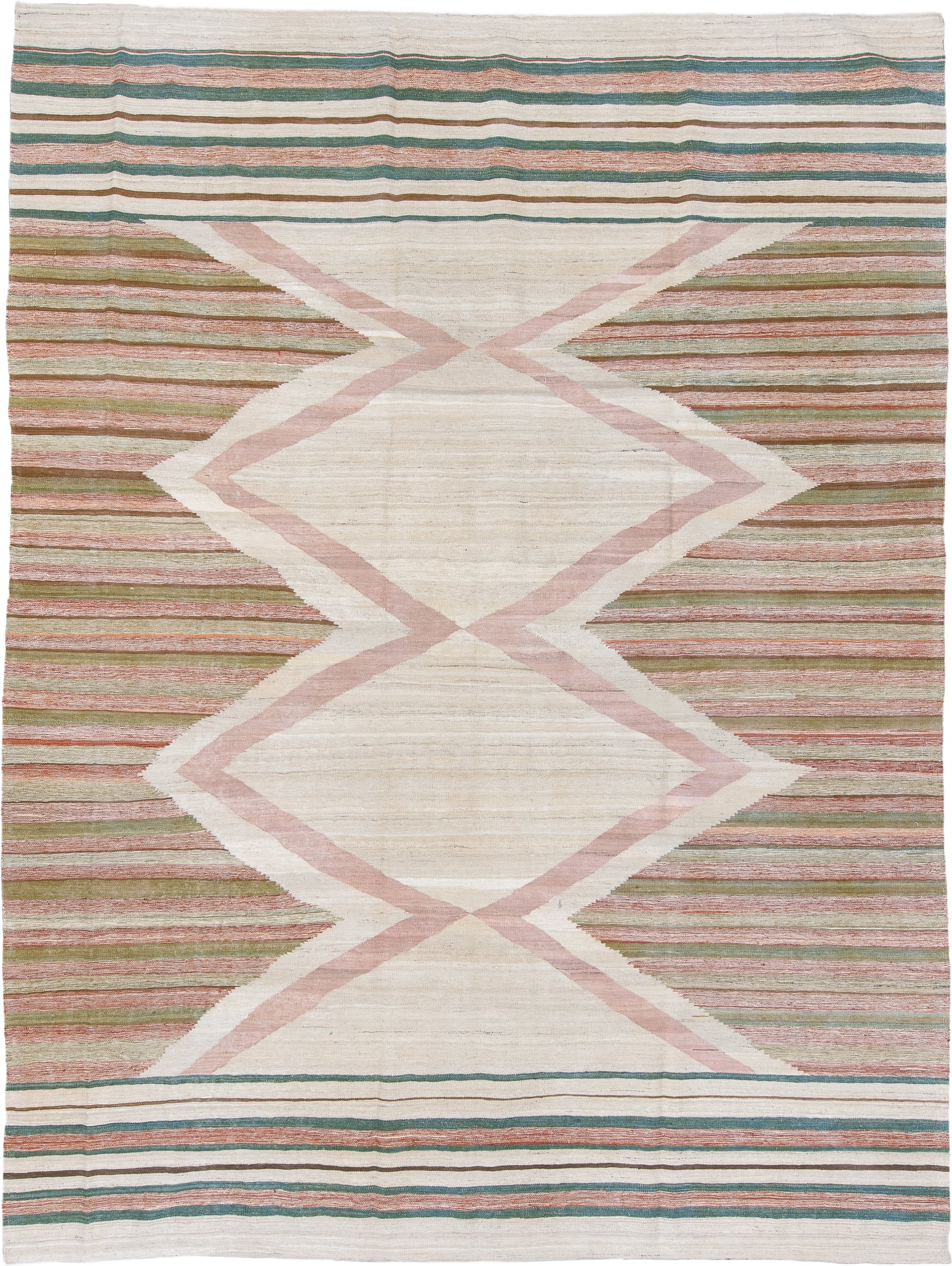 8' x 12' one-of-a-kind handmade vintage Kilim large size rug. Color palette: ivory, blush, sage, muted rust, taupe, cream