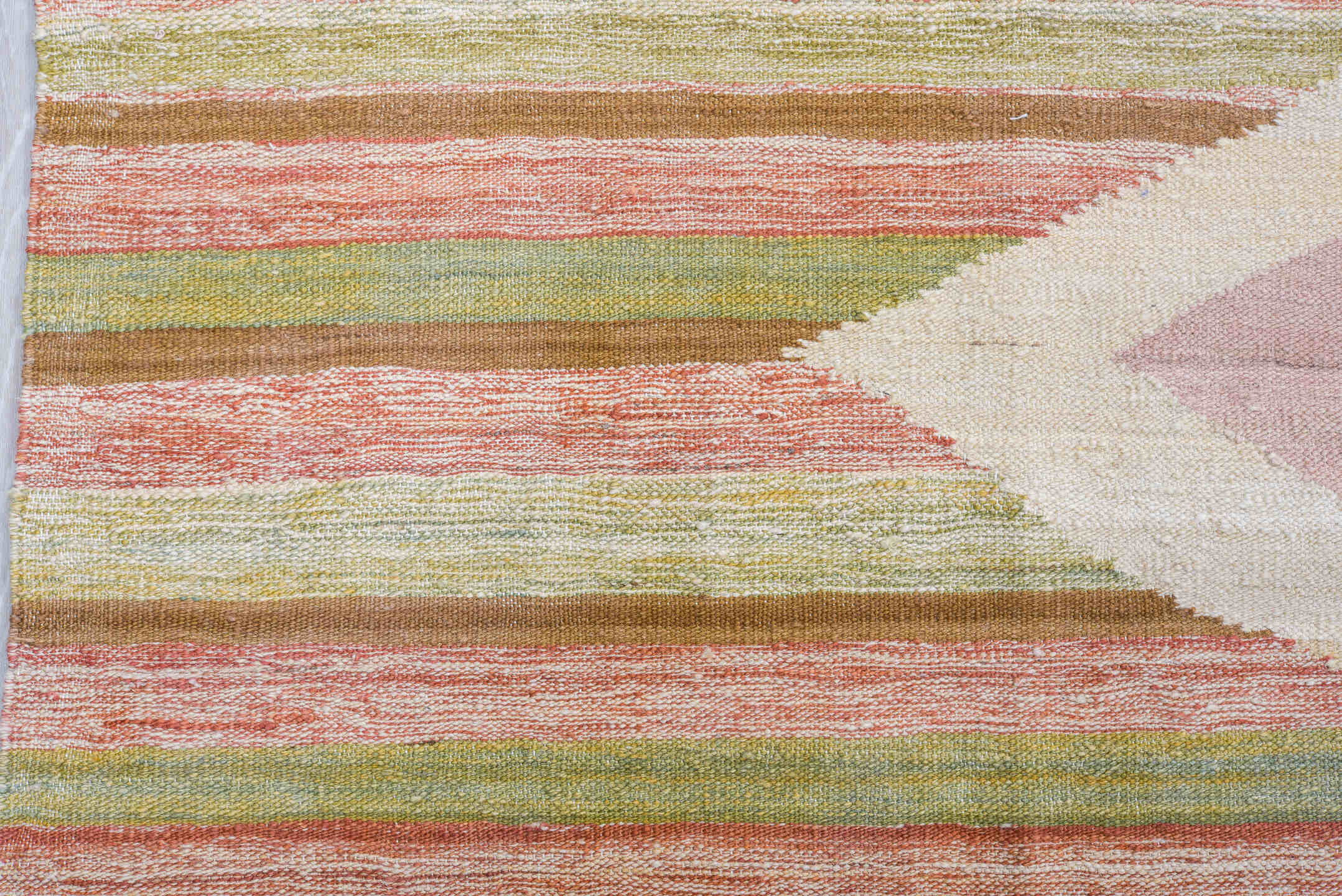 8' x 12' one-of-a-kind handmade vintage Kilim large size rug. Color palette: ivory, blush, sage, muted rust, taupe, cream