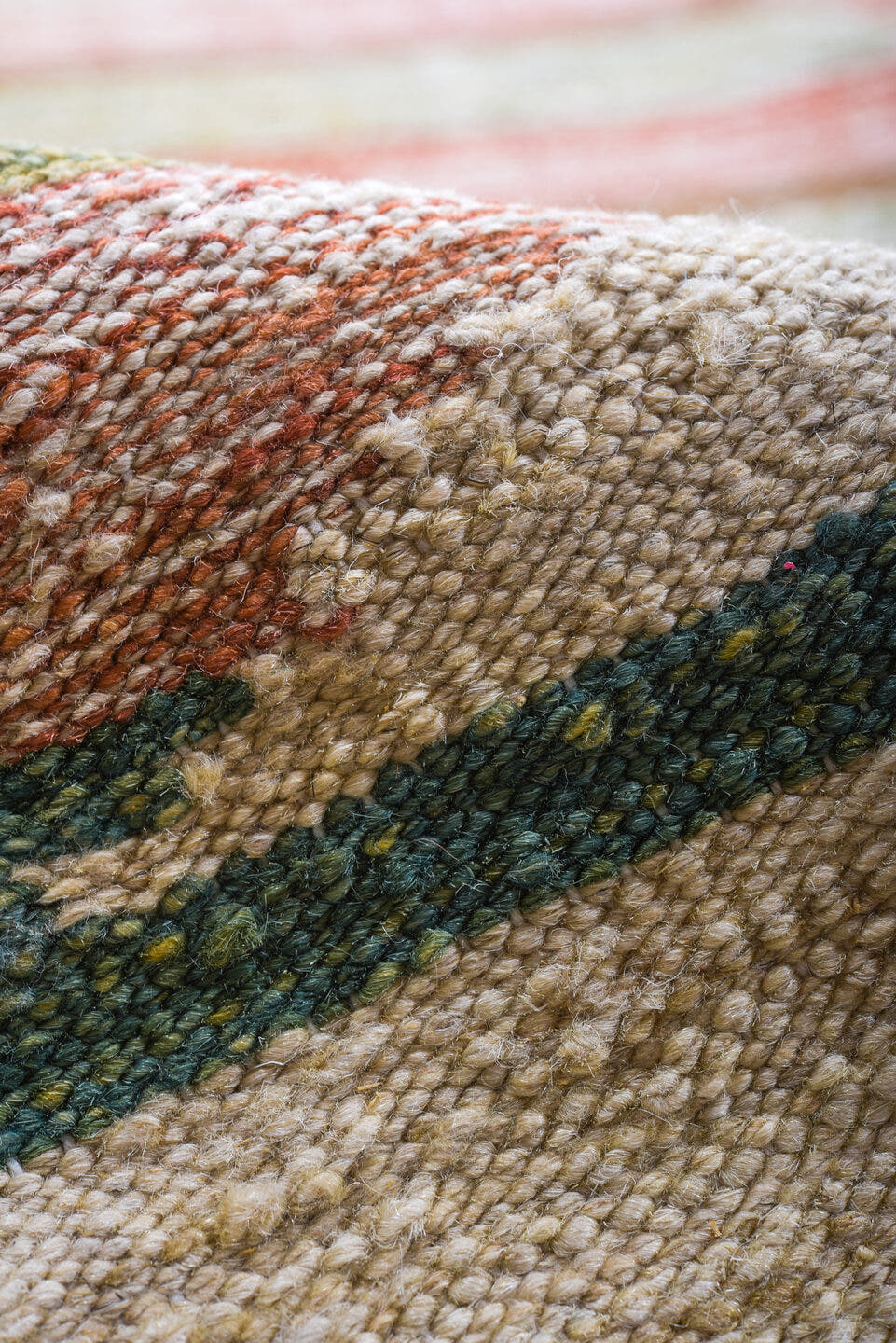 8' x 12' one-of-a-kind handmade vintage Kilim large size rug. Color palette: ivory, blush, sage, muted rust, taupe, cream