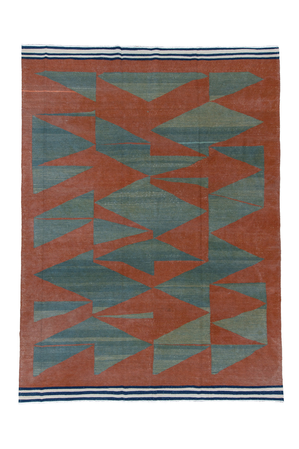 9' x 12' one-of-a-kind handmade vintage Kilim large size rug. Color palette: blue, brown, dim gray, gray, light gray