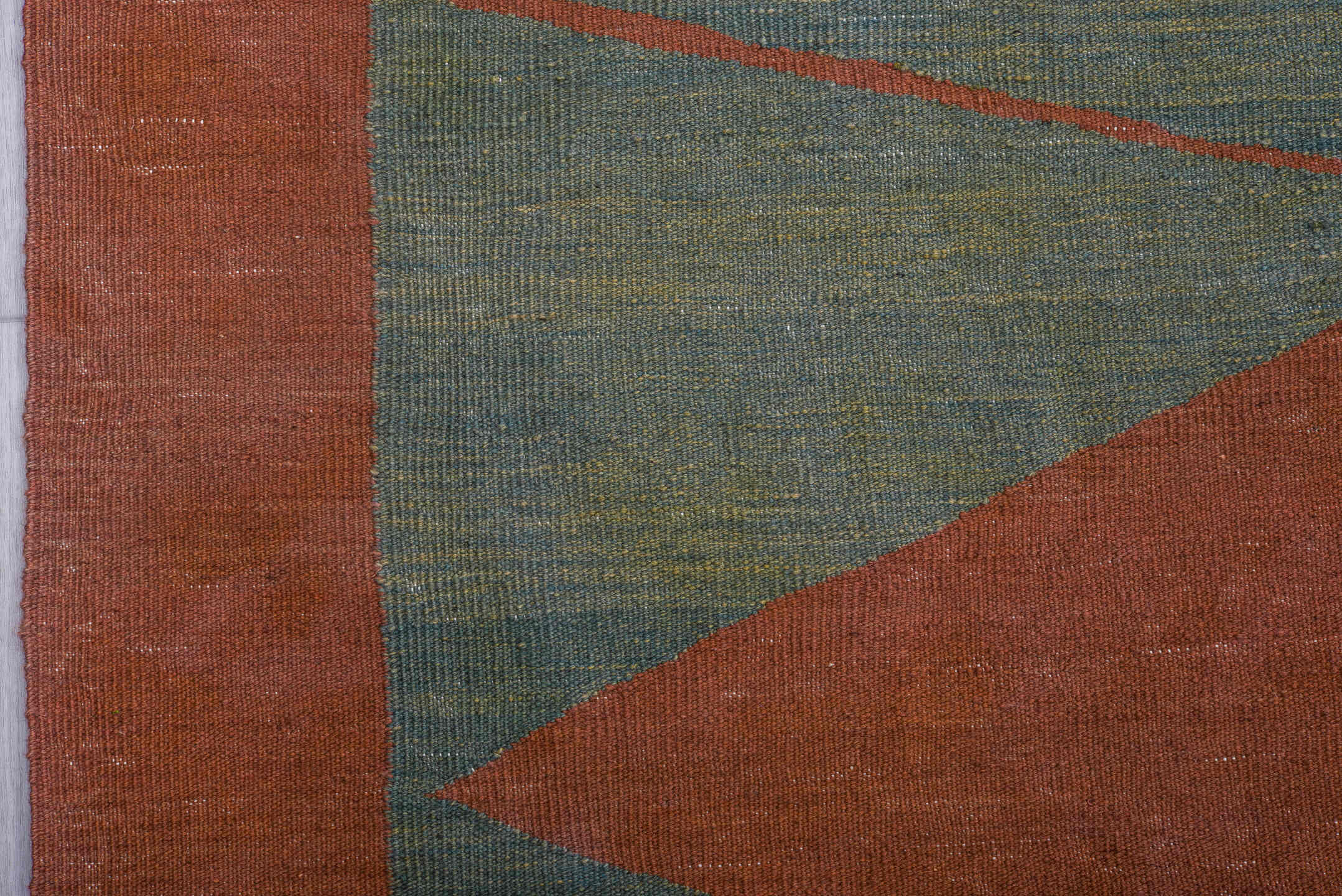 9' x 12' one-of-a-kind handmade vintage Kilim large size rug. Color palette: terra cotta, teal, ivory, navy, terracotta