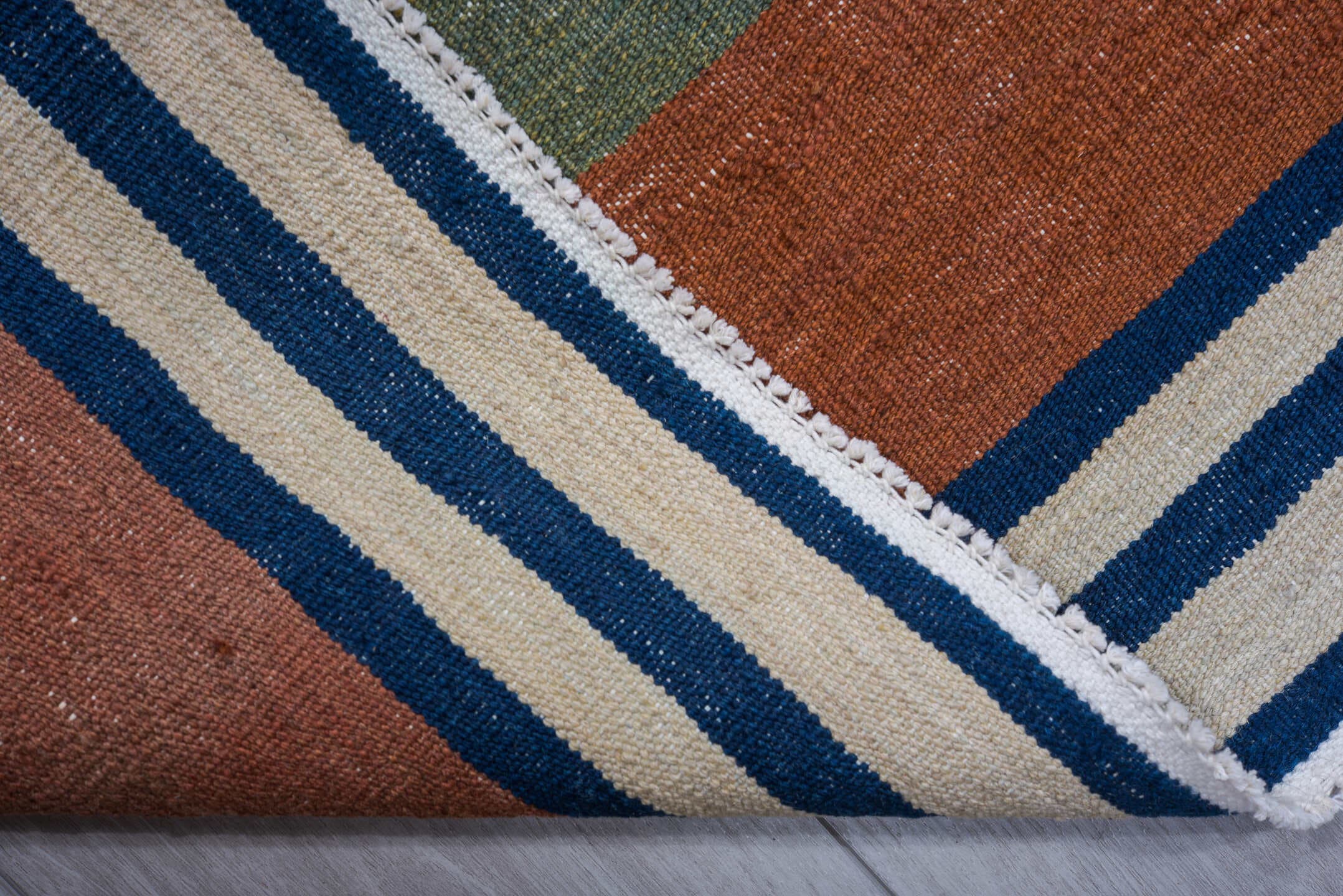 9' x 12' one-of-a-kind handmade vintage Kilim large size rug. Color palette: terra cotta, teal, ivory, navy, terracotta