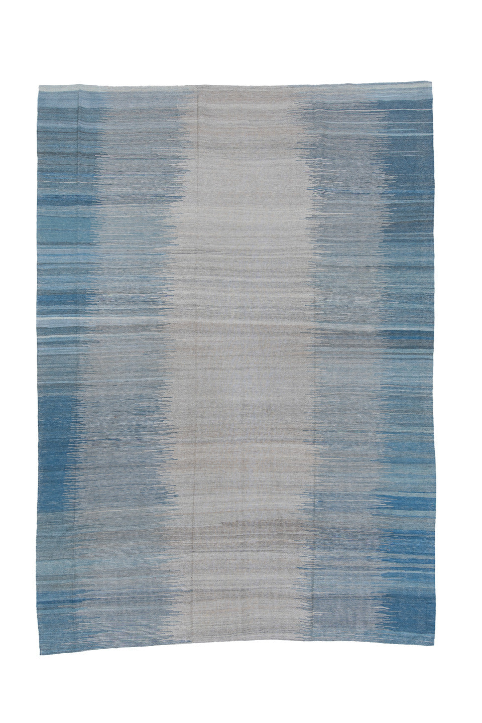 9' x 12' one-of-a-kind handmade vintage Kilim large size rug. Color palette: black, blue, charcoal, dark gray, dim gray