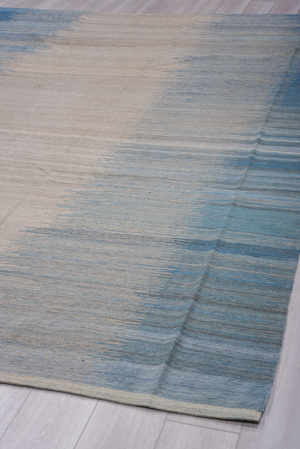 8' x 11' one-of-a-kind handmade vintage Kilim large size rug. Color palette: sky blue, ivory, slate, powder blue, steel blue