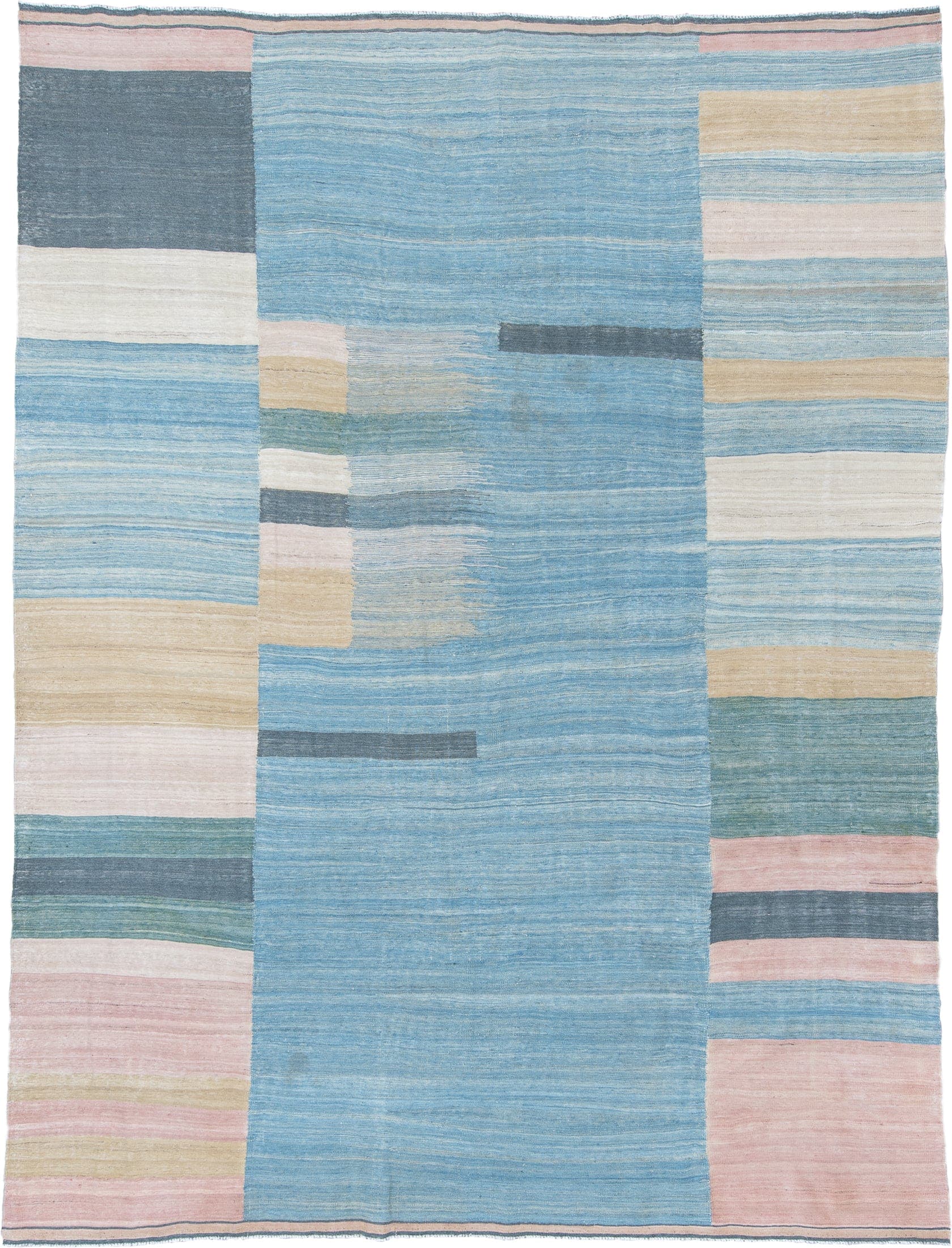 9' x 11' one-of-a-kind handmade vintage Kilim large size rug. Color palette: sky blue, blush, ivory, sand, slate, teal
