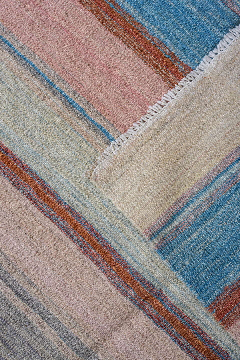 8' x 12' one-of-a-kind handmade vintage Kilim large size rug. Color palette: ivory, blush, slate, sky_blue, rust, taupe