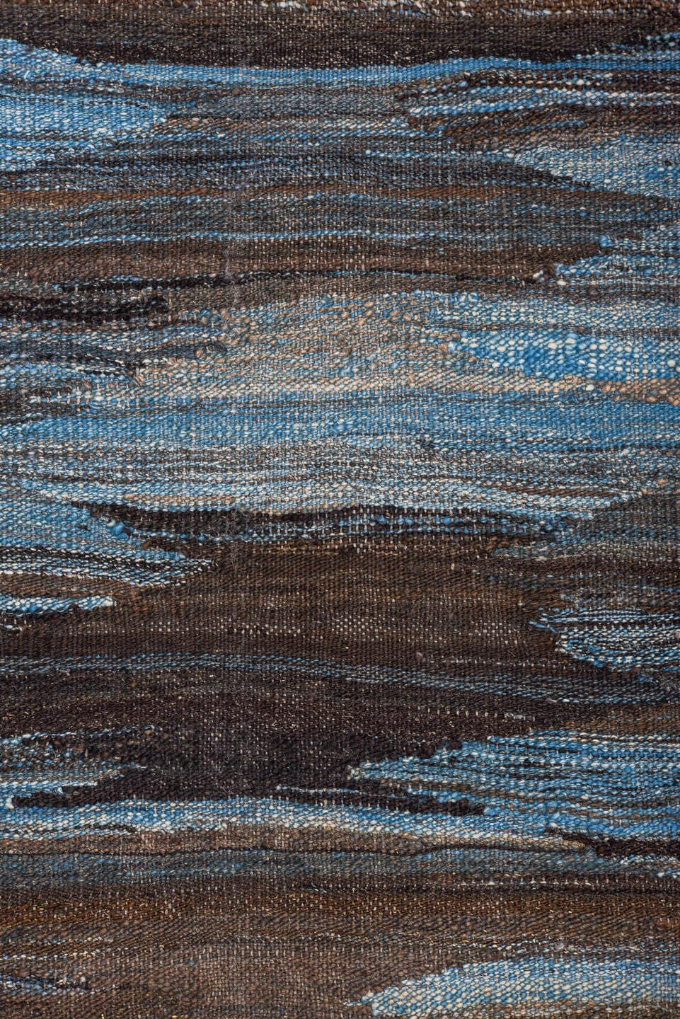 9' x 11' one-of-a-kind handmade vintage Kilim large size rug. Color palette: blue, charcoal, slate, black, steel_blue, gray