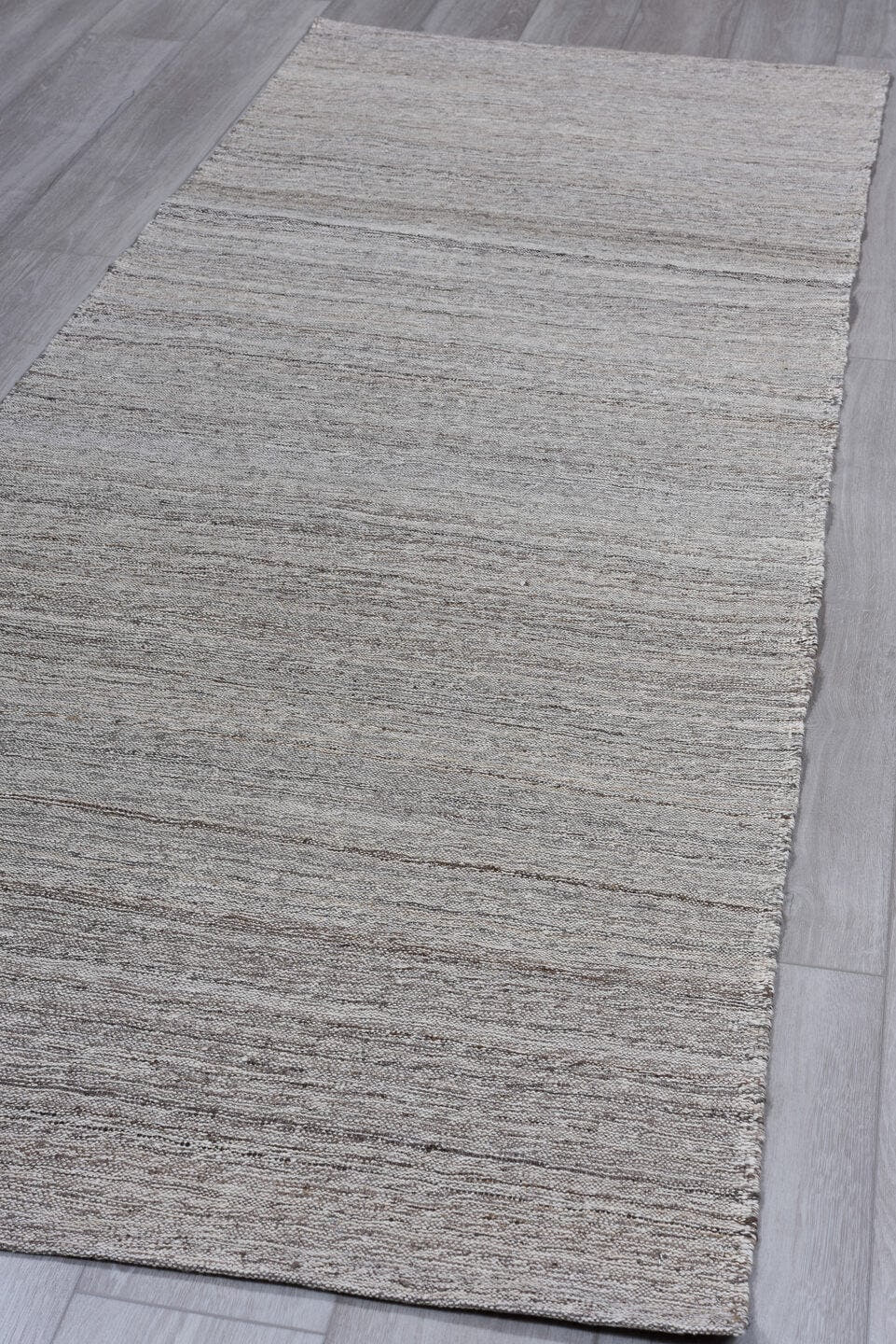 3' x 9' one-of-a-kind handmade vintage Kilim runner rug. Color palette: gray, taupe, ivory, charcoal, beige, black