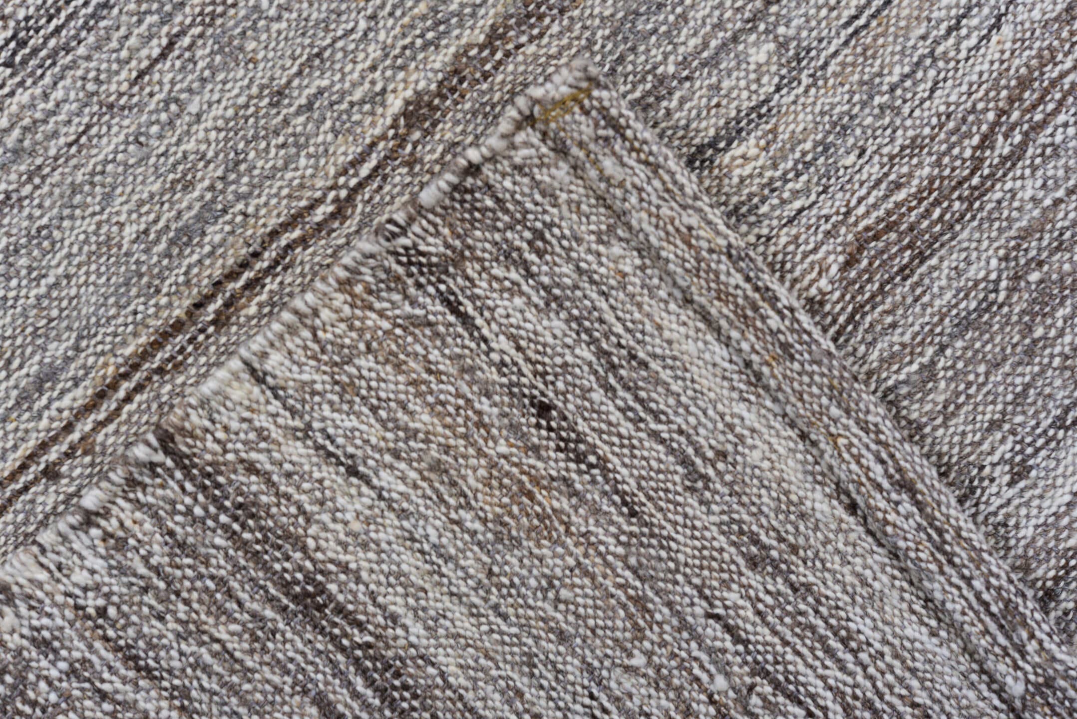 3' x 9' one-of-a-kind handmade vintage Kilim runner rug. Color palette: gray, taupe, ivory, charcoal, beige, black