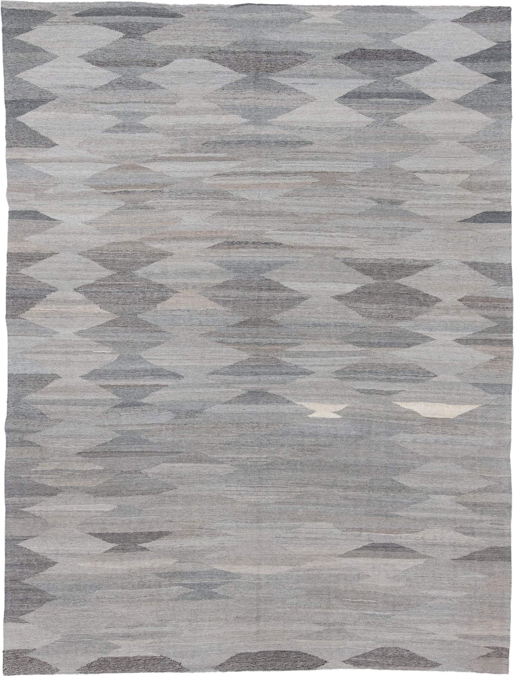 9' x 12' one-of-a-kind handmade vintage Kilim large size rug. Color palette: gray, ivory, taupe, charcoal, greige, beige
