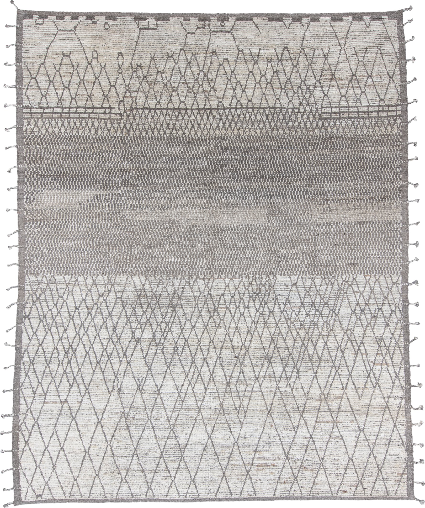 9' x 11' one-of-a-kind handmade vintage Tulu large size rug. Color palette: ivory, taupe, gray, charcoal, cream, beige