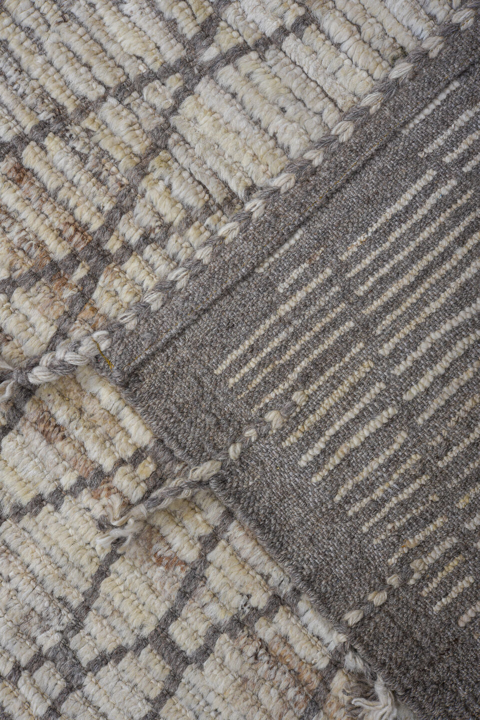 9' x 11' one-of-a-kind handmade vintage Tulu large size rug. Color palette: ivory, taupe, gray, charcoal, cream, beige