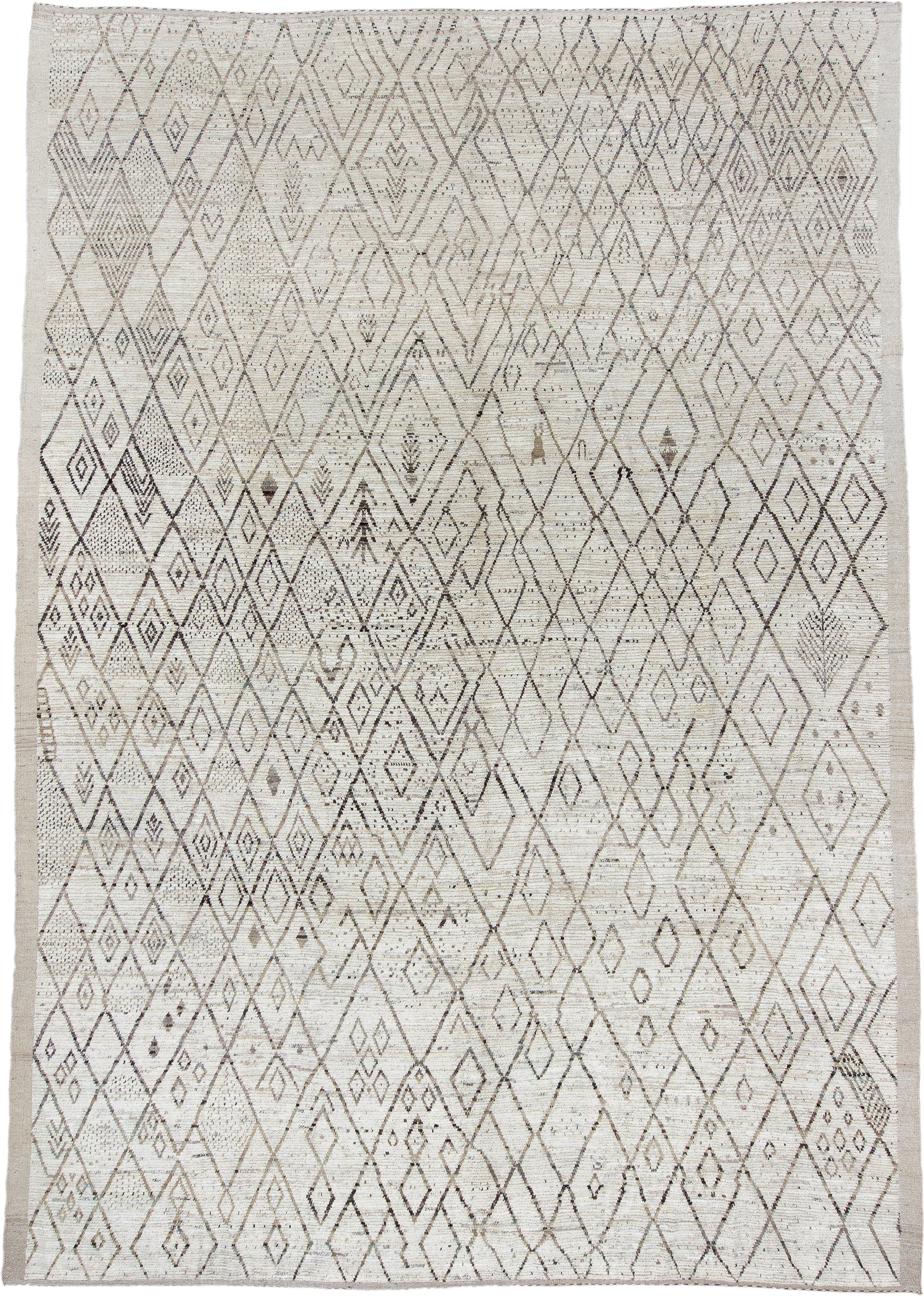 12' x 17' one-of-a-kind handmade vintage Tulu oversize rug. Color palette: ivory, taupe, brown, beige, camel, gray