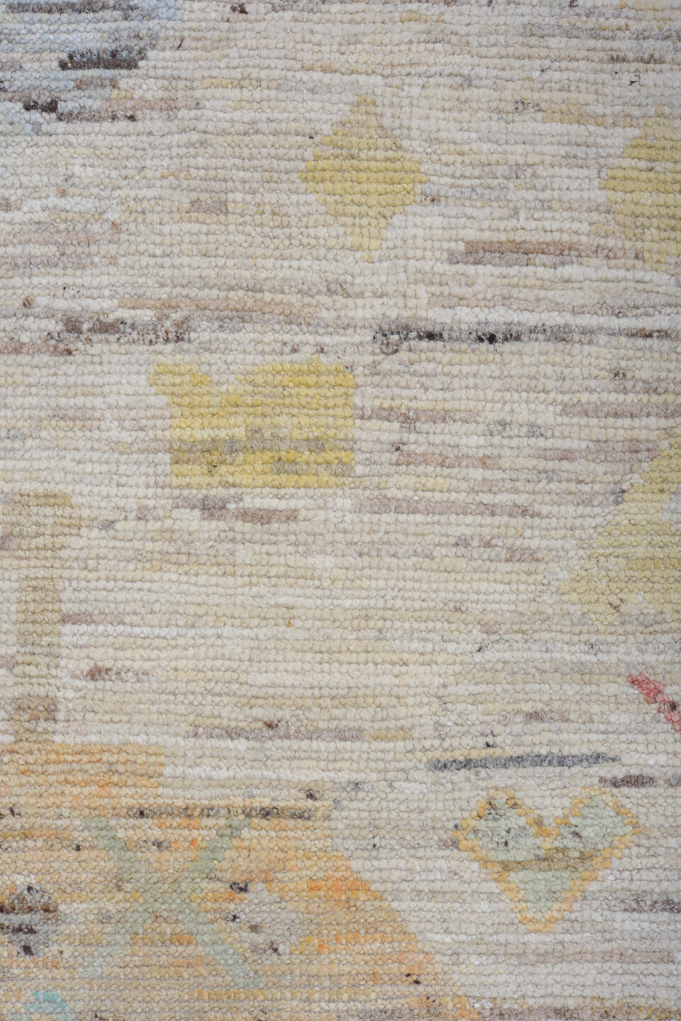 10' x 13' one-of-a-kind handmade vintage Tulu large size rug. Color palette: ivory, camel, sky_blue, coral, gold, sage, rose