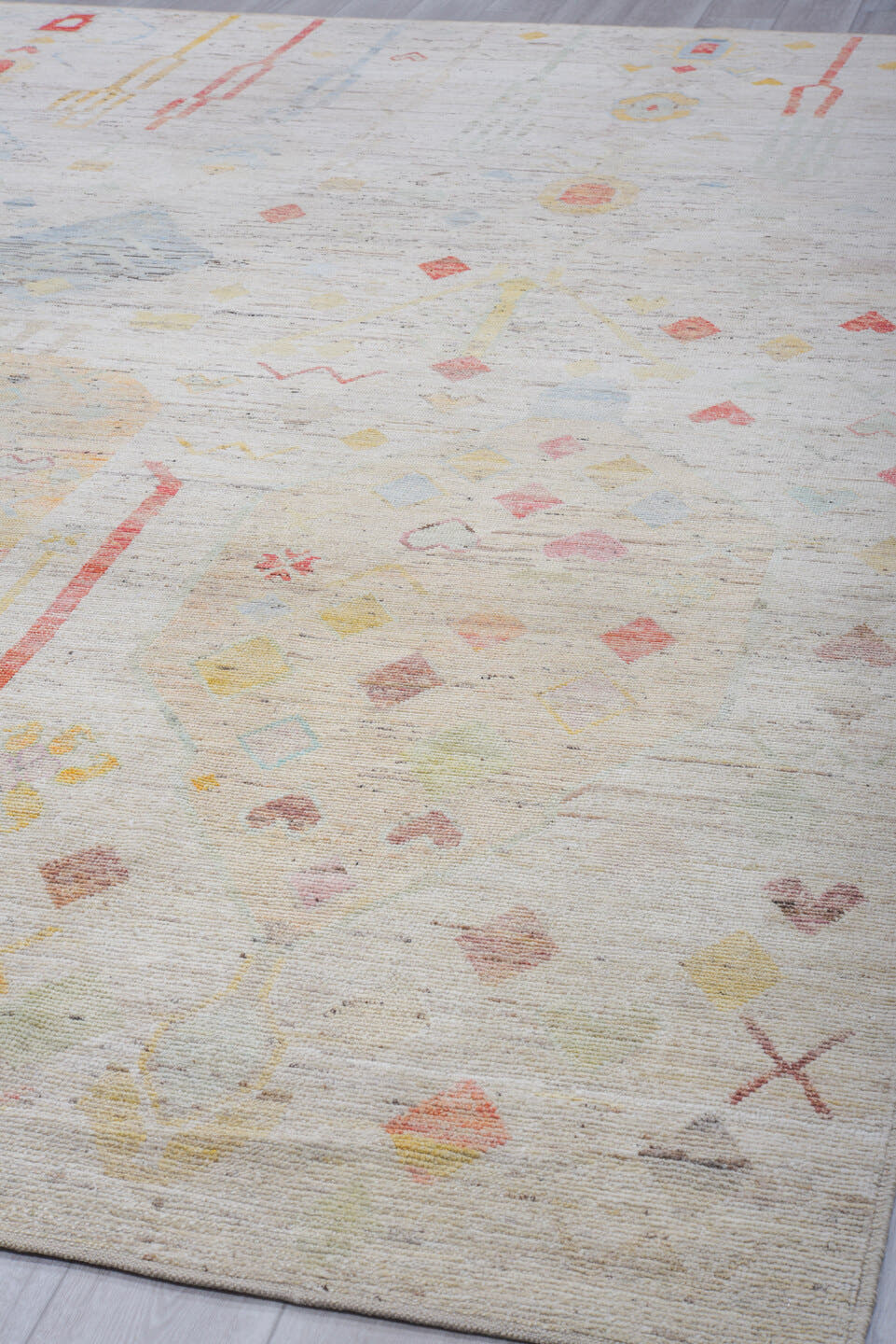 10' x 13' one-of-a-kind handmade vintage Tulu large size rug. Color palette: ivory, camel, sky_blue, coral, gold, sage, rose