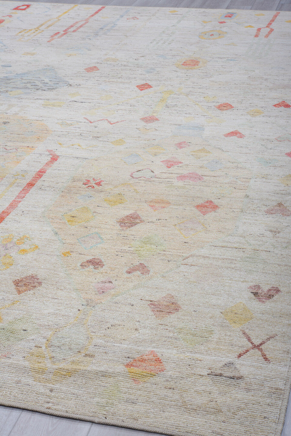 10' x 13' one-of-a-kind handmade vintage Tulu large size rug. Color palette: ivory, camel, sky_blue, coral, gold, sage, rose