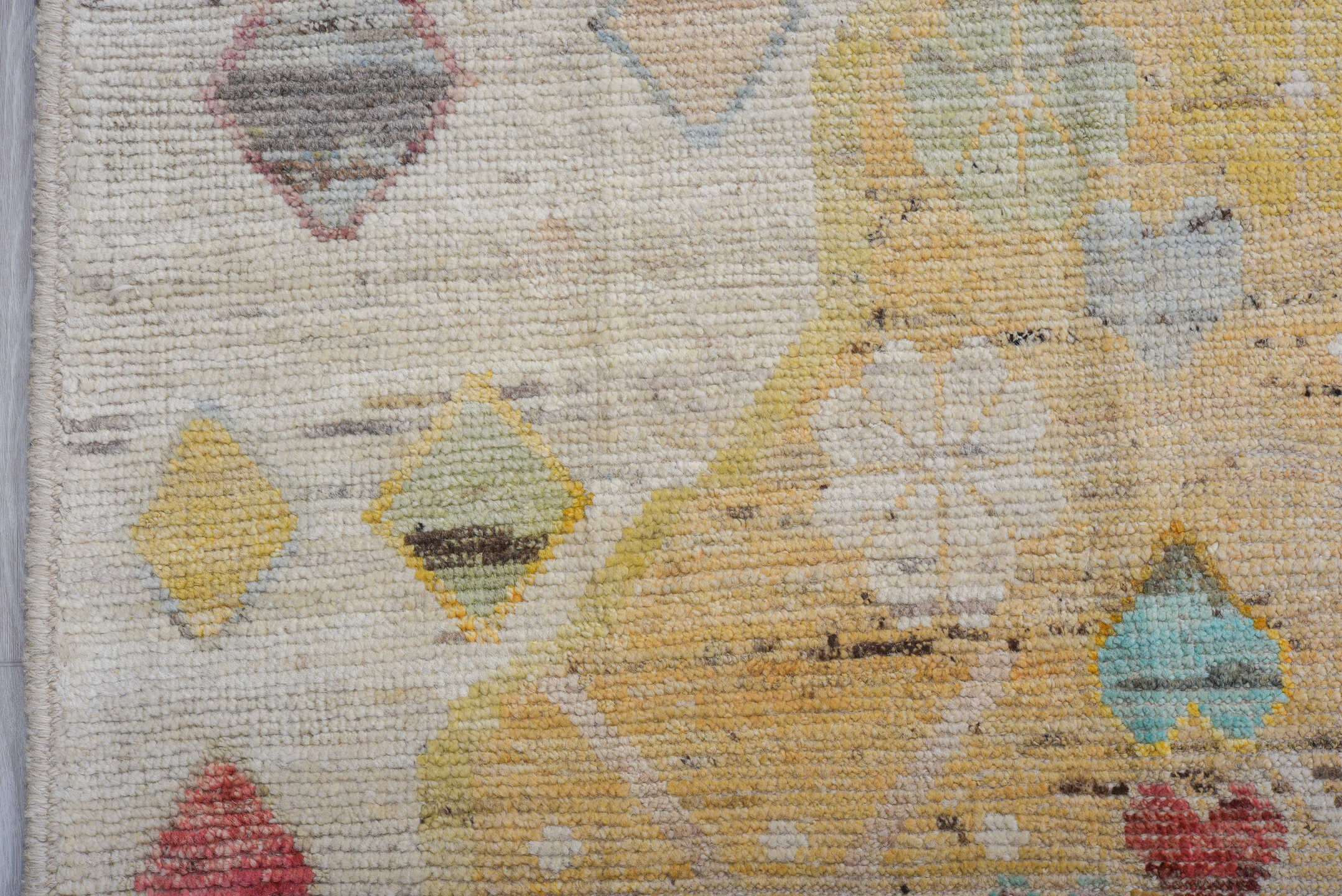 10' x 13' one-of-a-kind handmade vintage Tulu large size rug. Color palette: ivory, camel, sky_blue, coral, gold, sage, rose