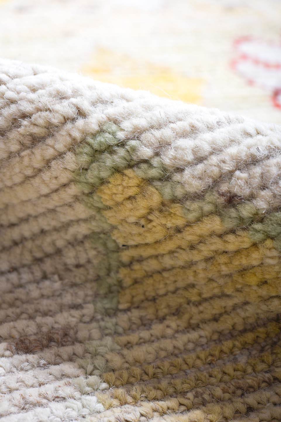 10' x 13' one-of-a-kind handmade vintage Tulu large size rug. Color palette: ivory, camel, sky_blue, coral, gold, sage, rose