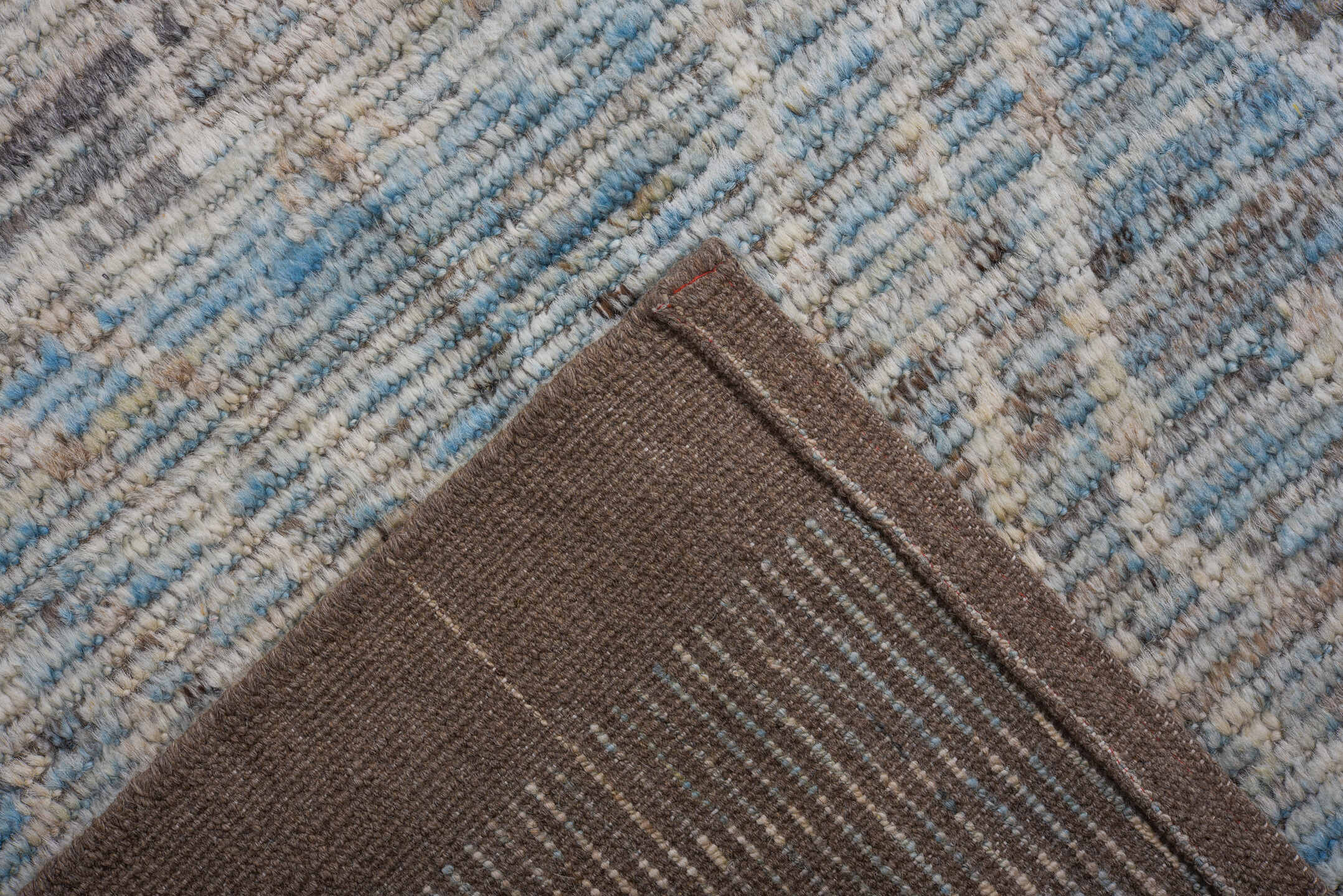 9' x 11' one-of-a-kind handmade vintage Tulu large size rug. Color palette: pale blue, ivory, taupe, gray, light blue, beige