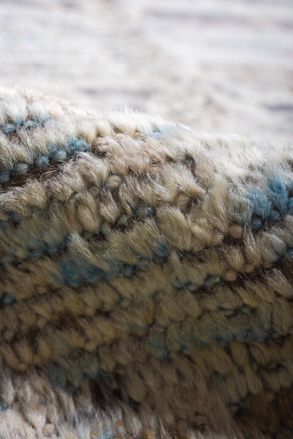 9' x 11' one-of-a-kind handmade vintage Tulu large size rug. Color palette: pale blue, ivory, taupe, gray, light blue, beige