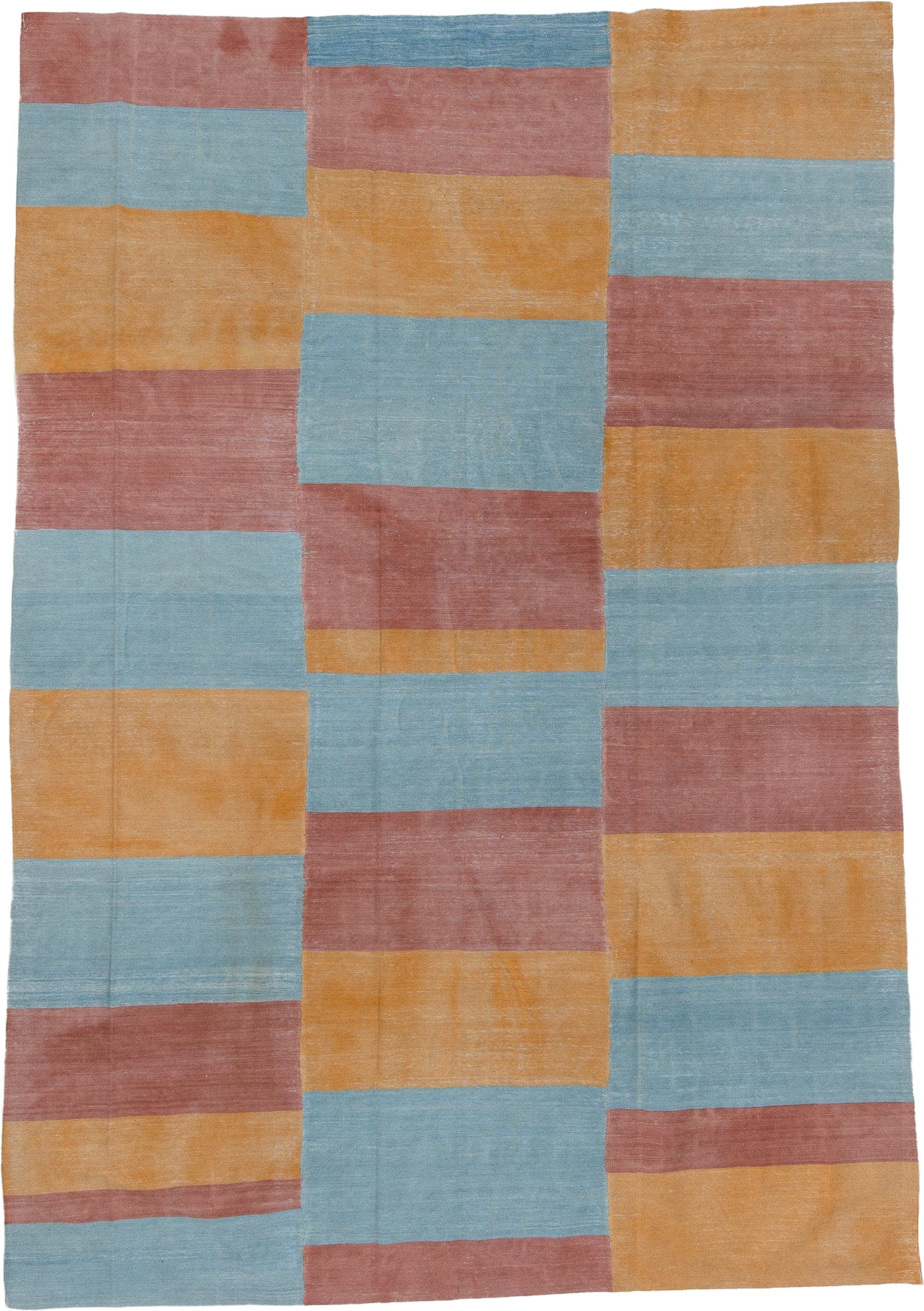 8' x 12' one-of-a-kind handmade vintage Kilim large size rug. Color palette: sky blue, dusty rose, ochre, light blue, pink